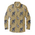 Beige long-sleeve shirt with a repeating pattern of illustrated cats.