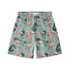 Tropical flamingo print shorts, light blue background.