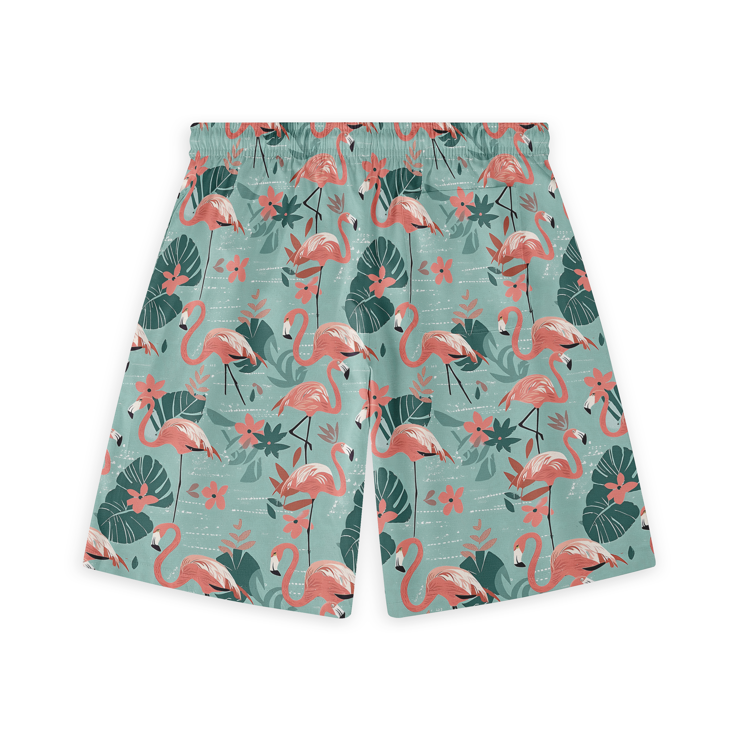Green shorts with pink flamingo and leaf pattern.