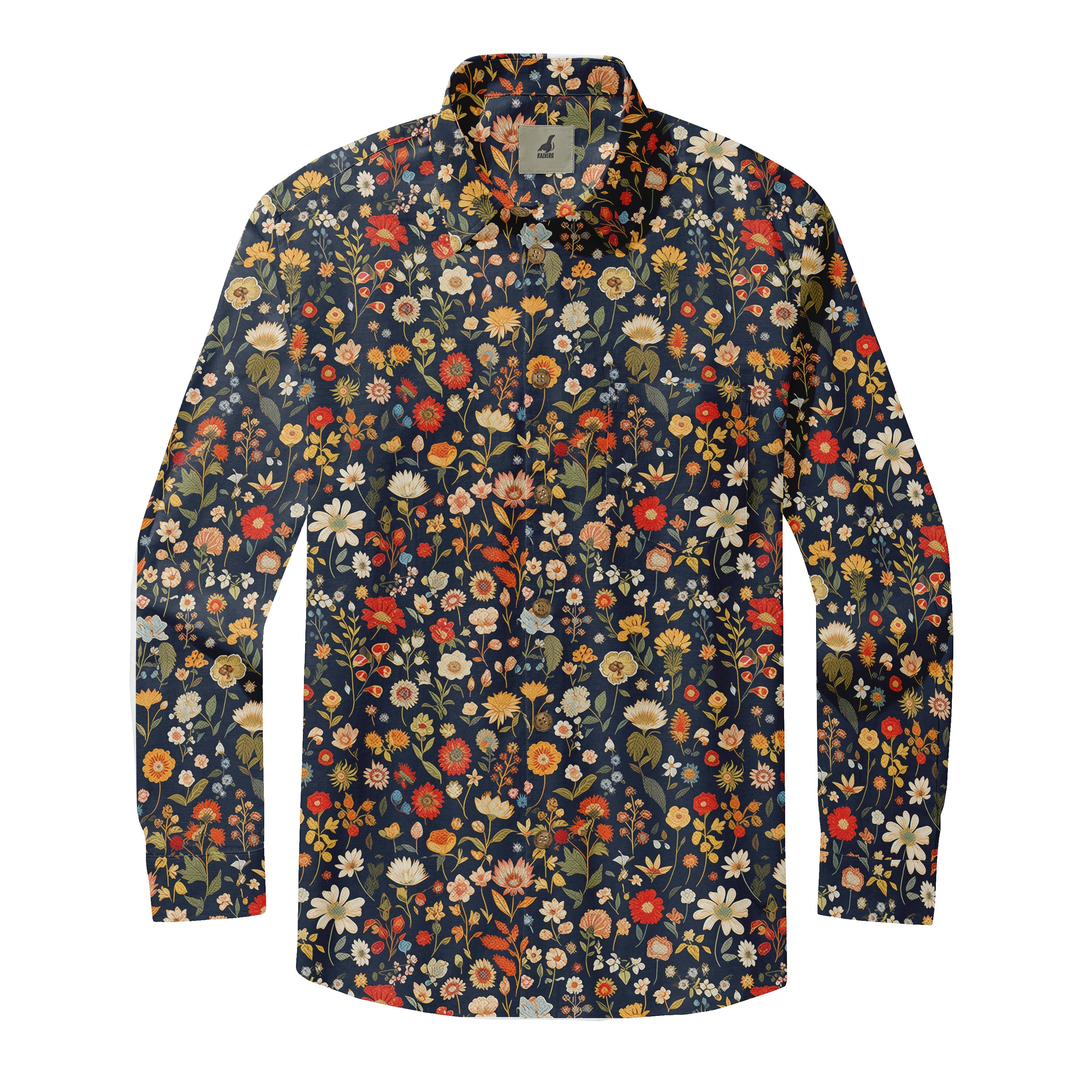 Navy blue long-sleeve shirt with vibrant floral pattern in red.
