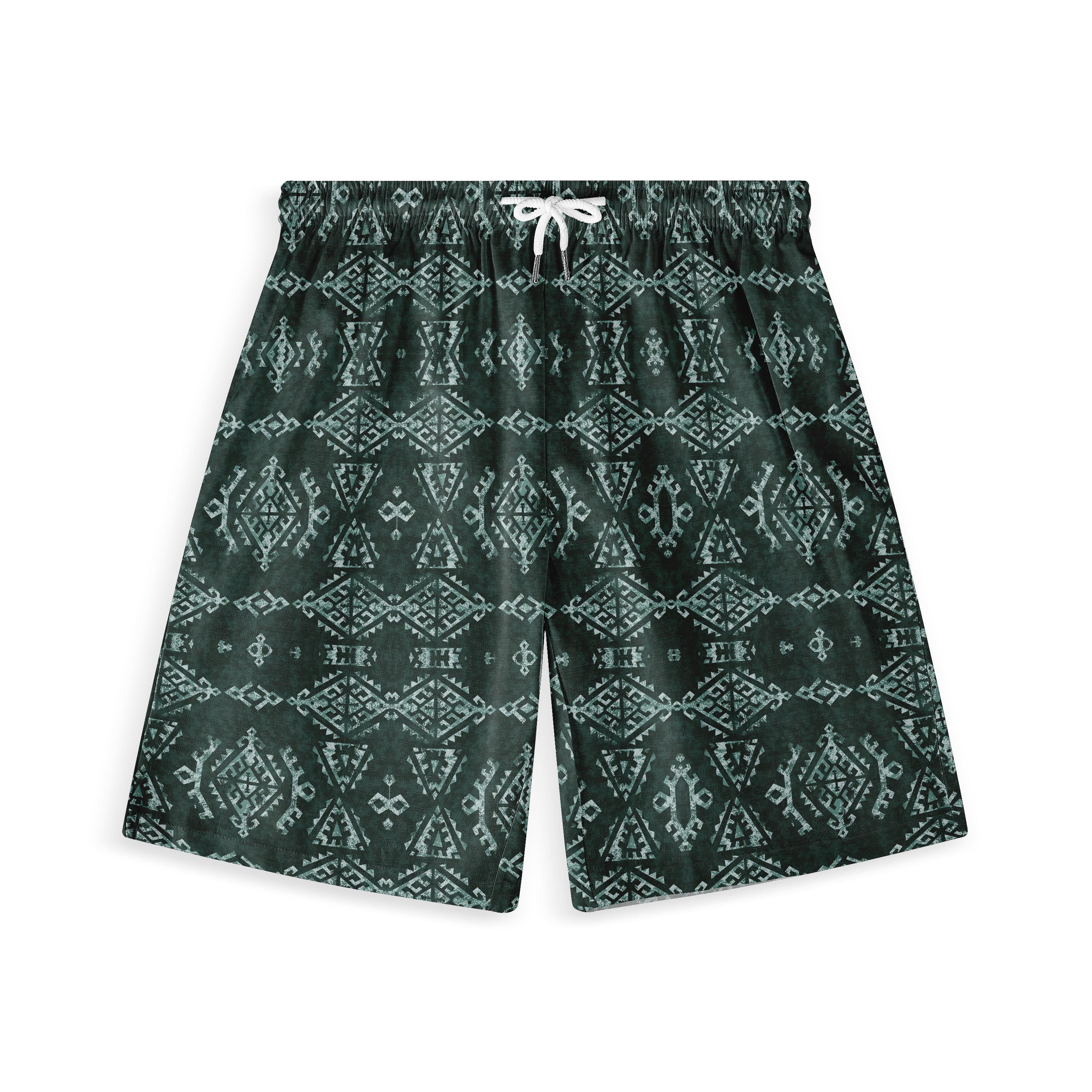 Dark green shorts with intricate geometric patterns and white.