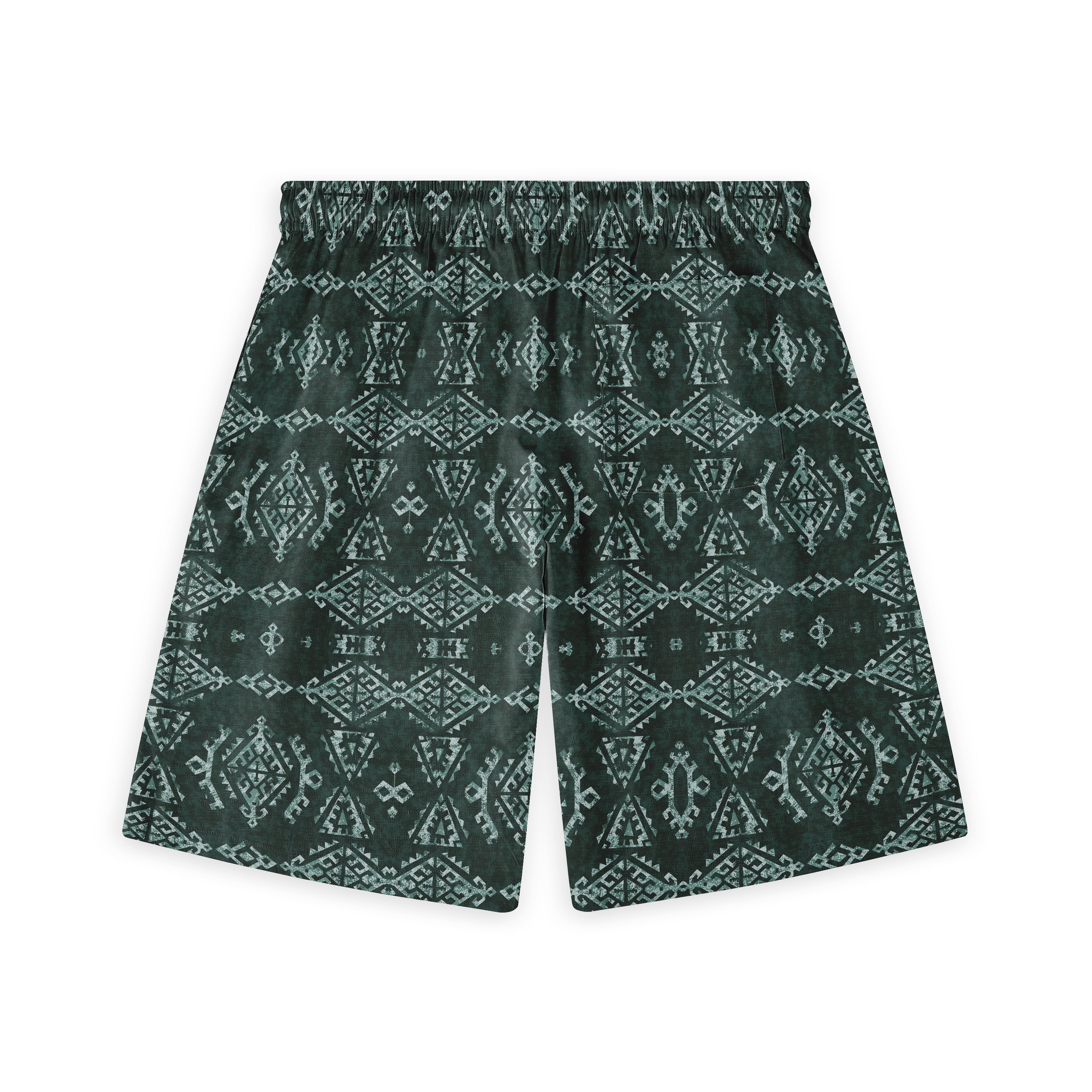 Dark green shorts with intricate light blue geometric tribal pattern.