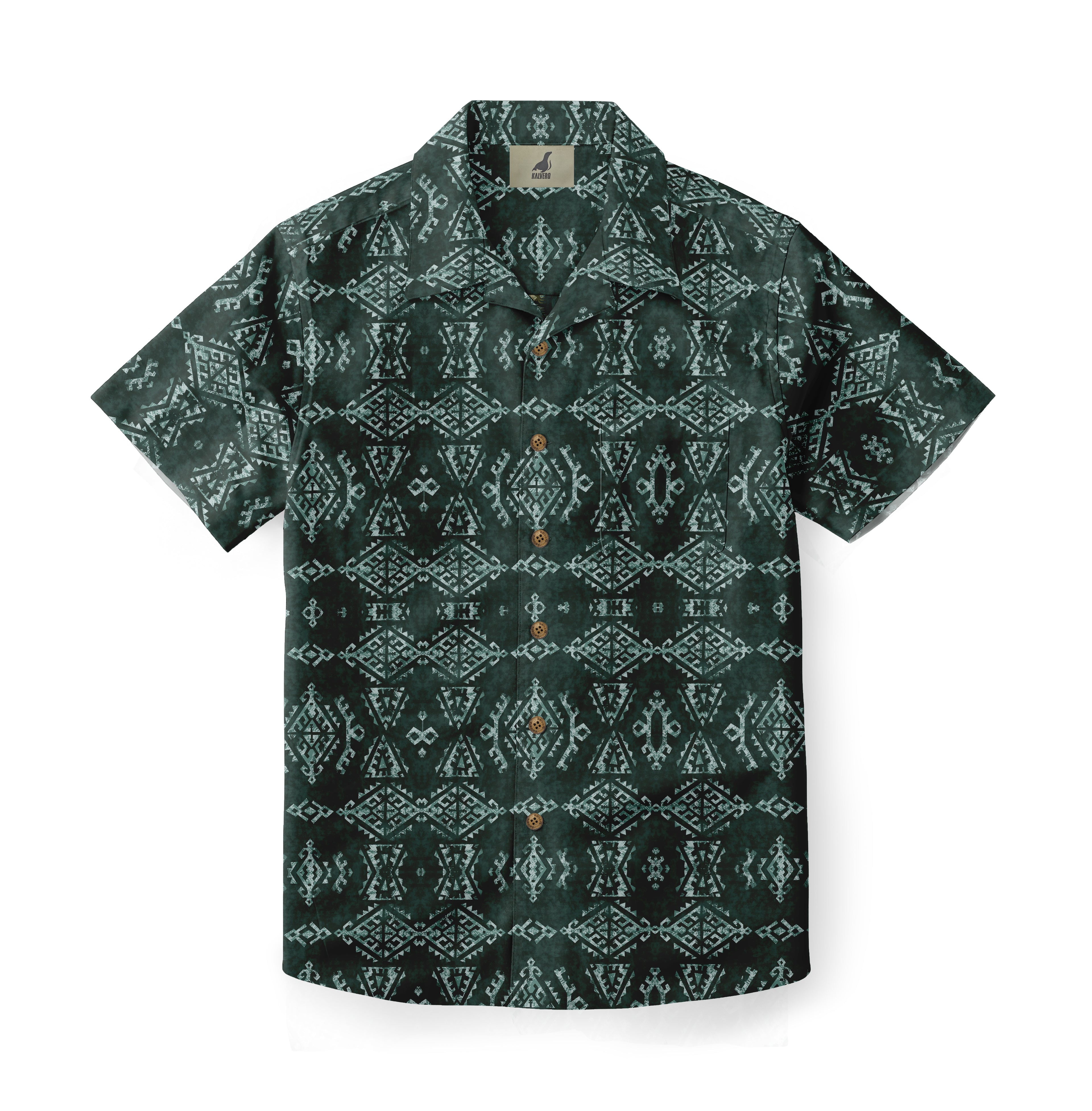 Dark green short-sleeve shirt with intricate geometric patterns.
