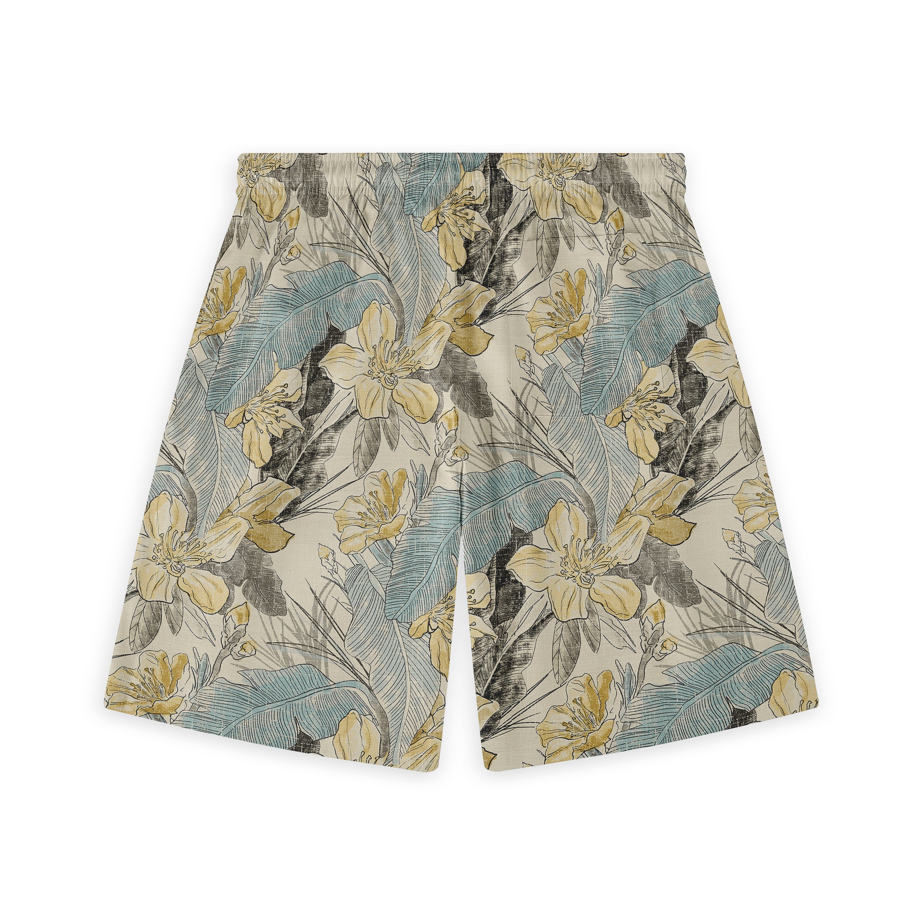 Floral patterned shorts with yellow flowers and blue-green leaves.