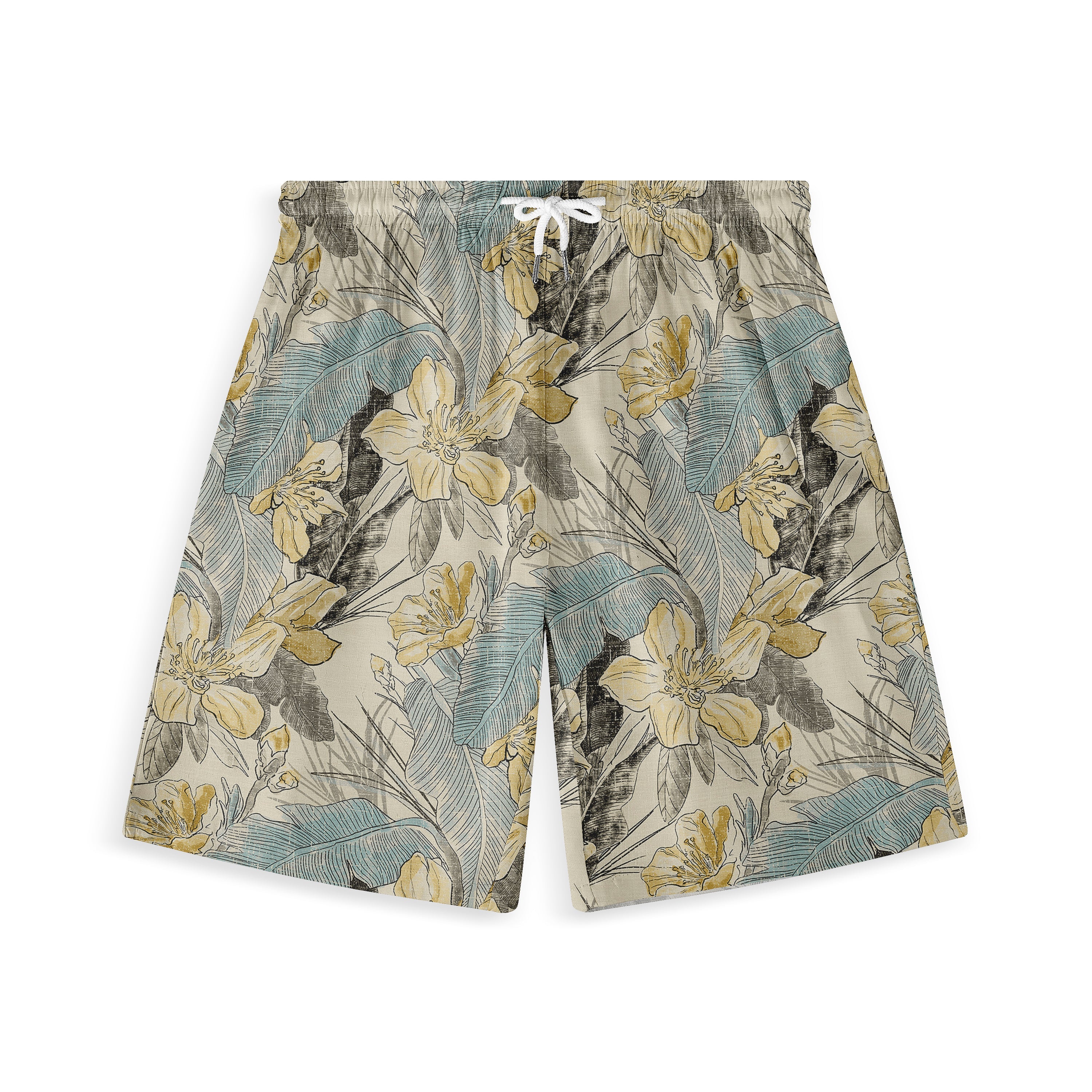 Floral print shorts with yellow flowers, blue leaves, and beige.