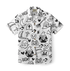 White short-sleeve shirt with black Halloween-themed doodles.