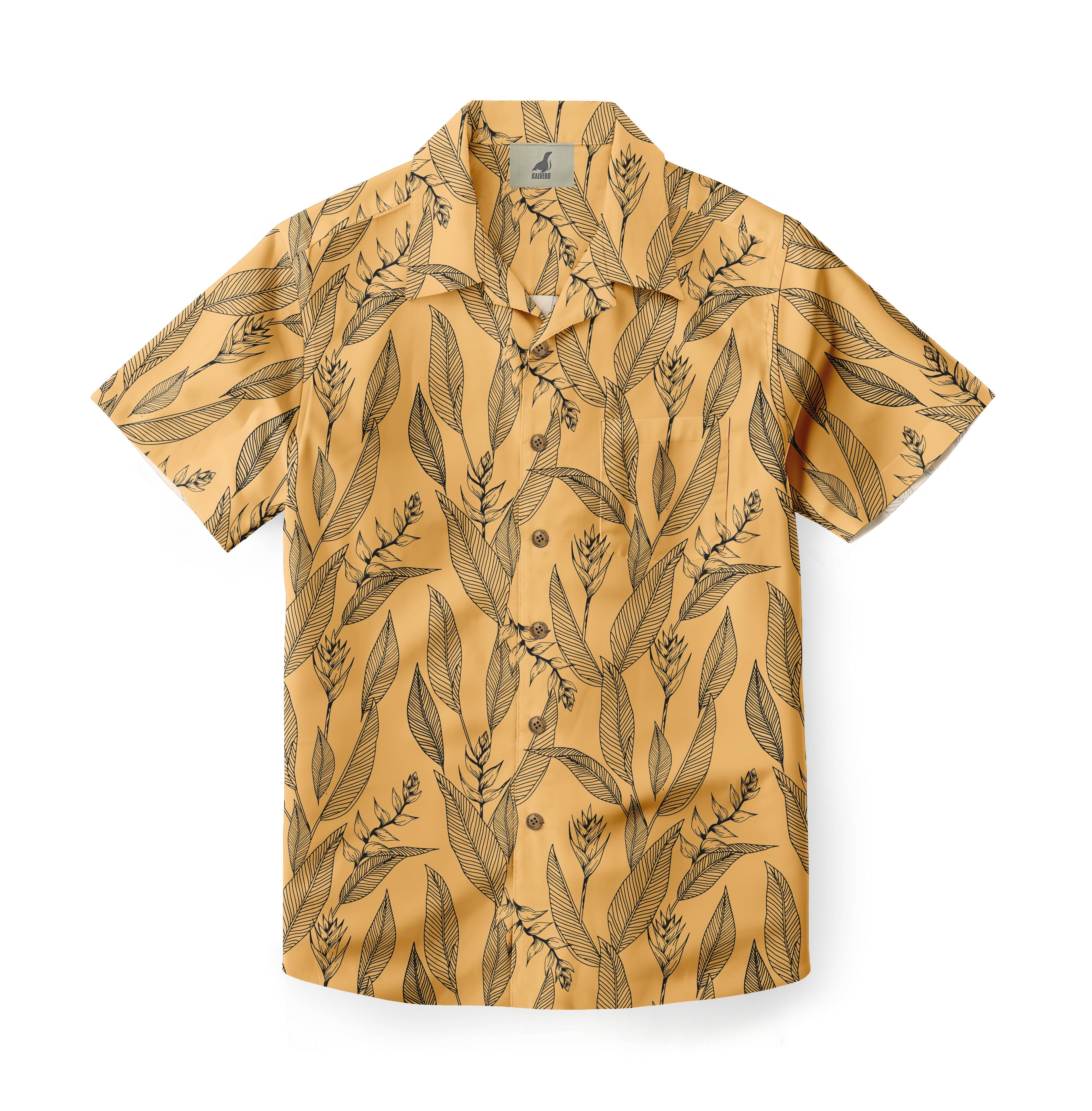 Mustard yellow short-sleeve shirt with black botanical leaf pattern.