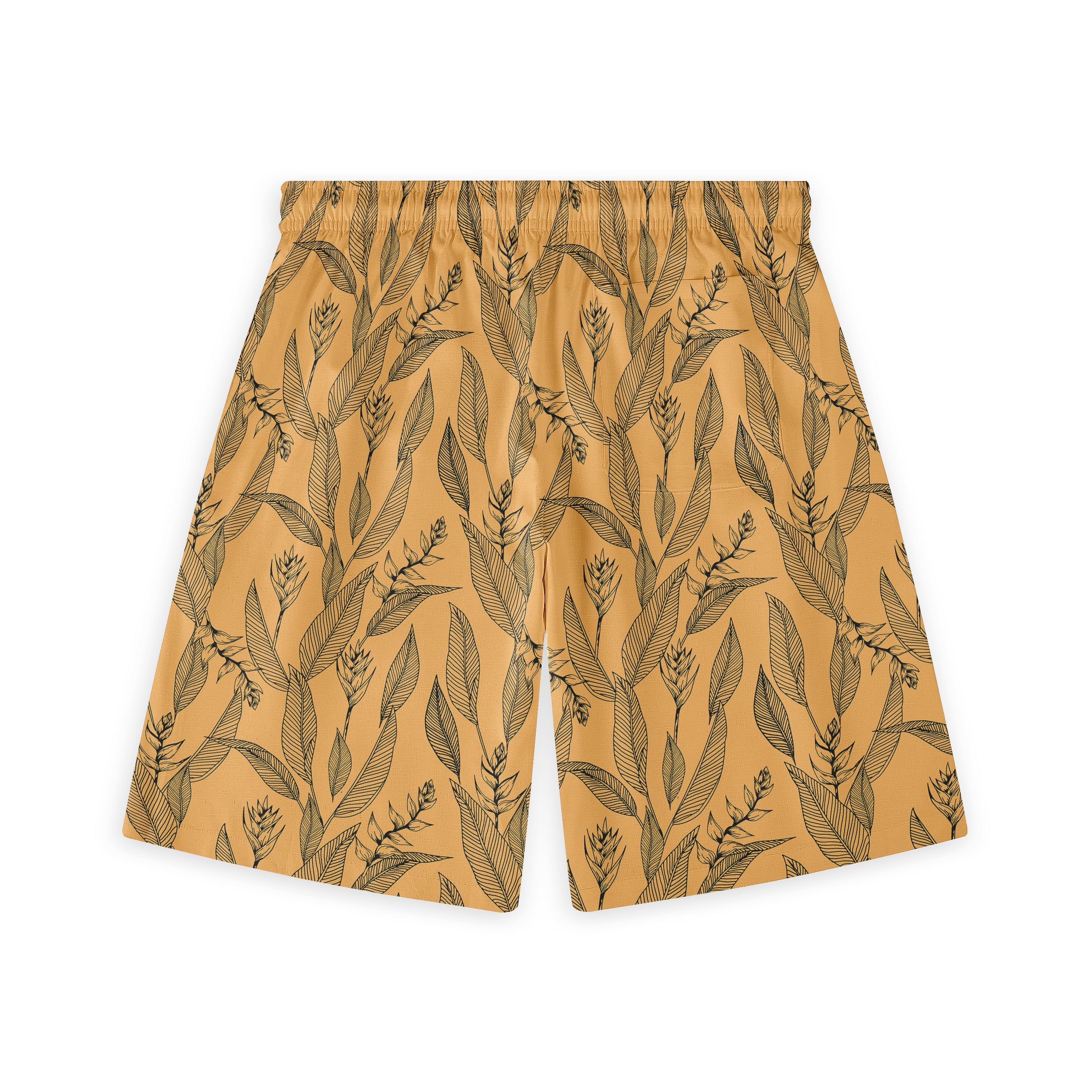 Mustard yellow shorts with black leaf pattern, elastic waistband.