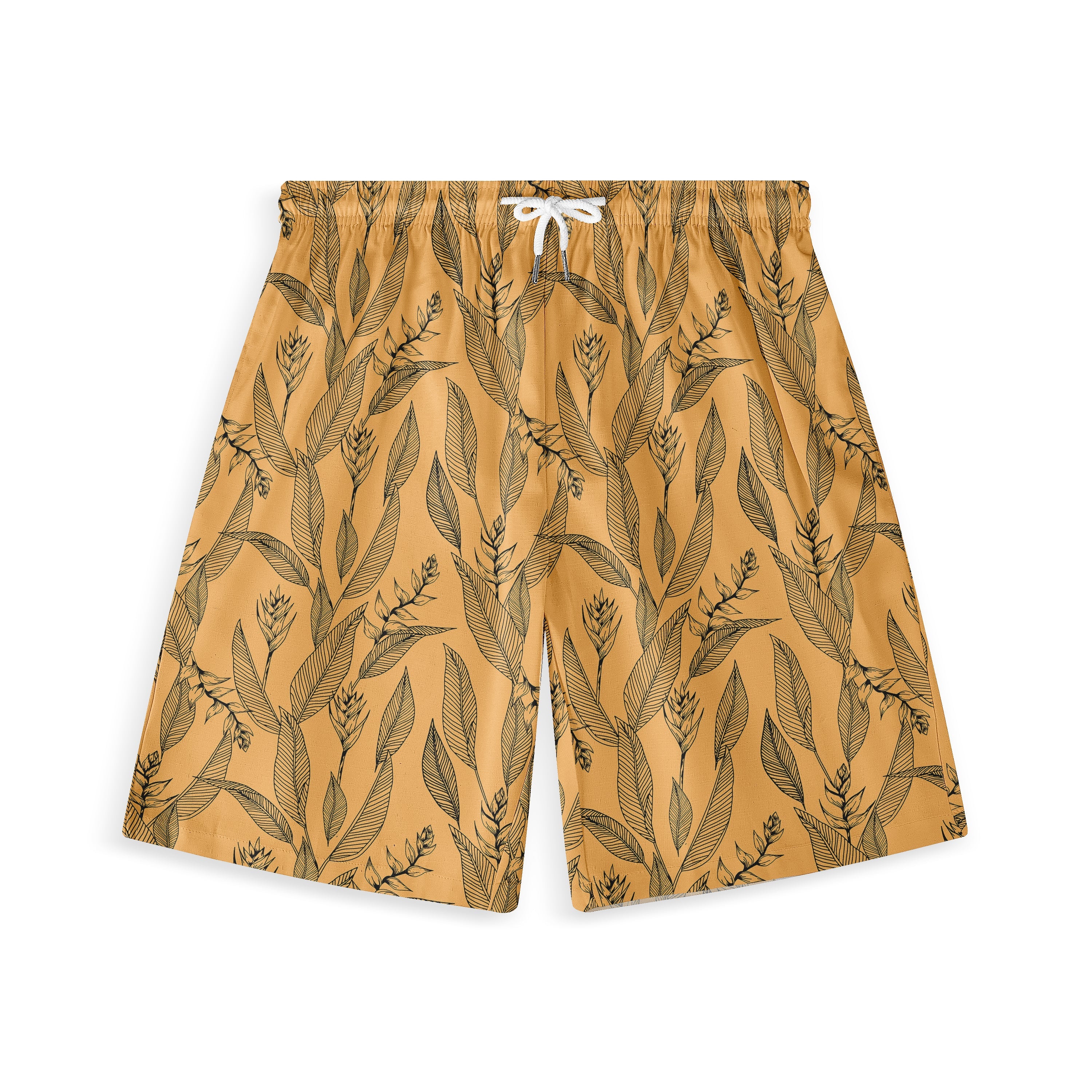 Mustard yellow shorts with black leaf pattern and white drawstring.