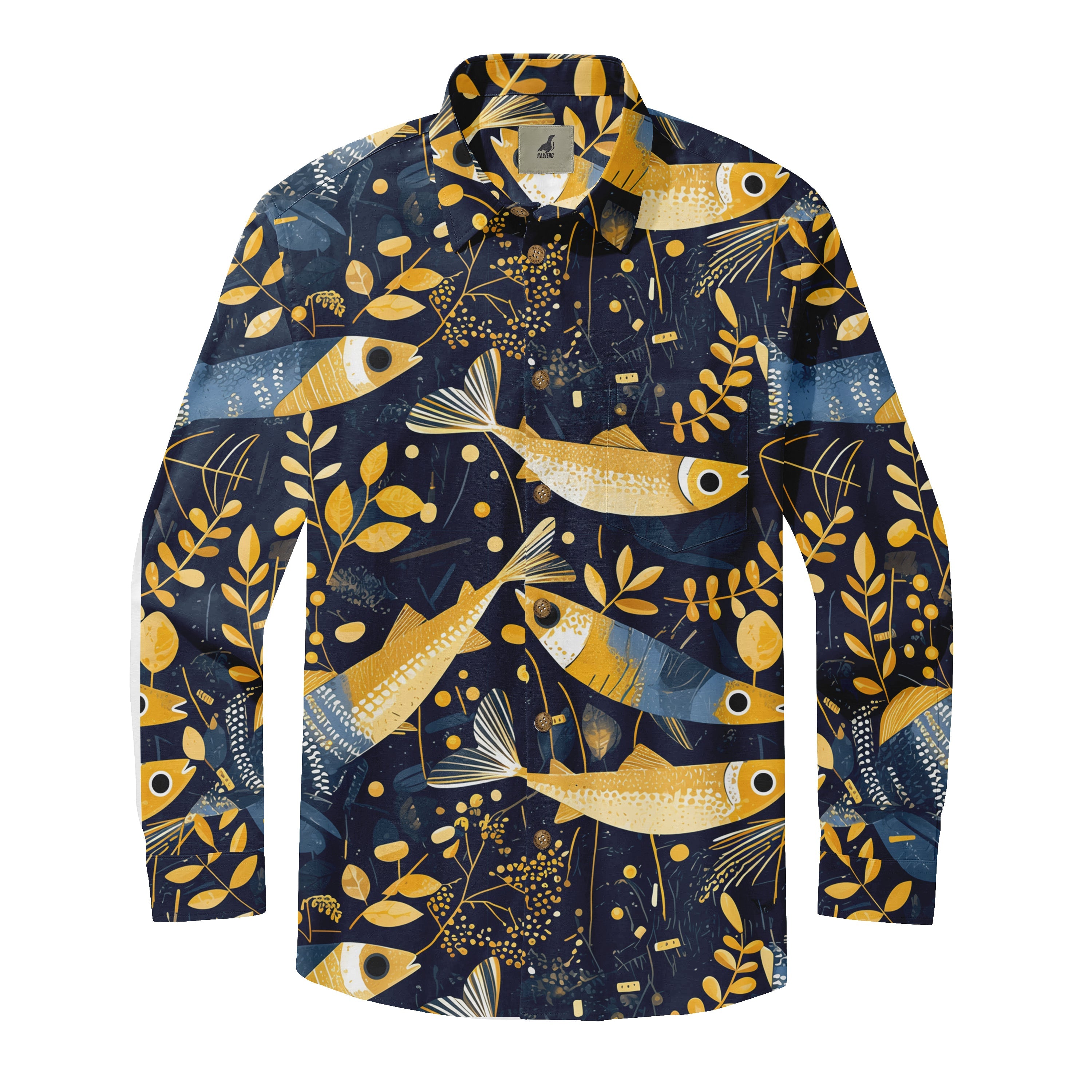 Navy blue shirt with yellow fish and leaf pattern, long sleeves.