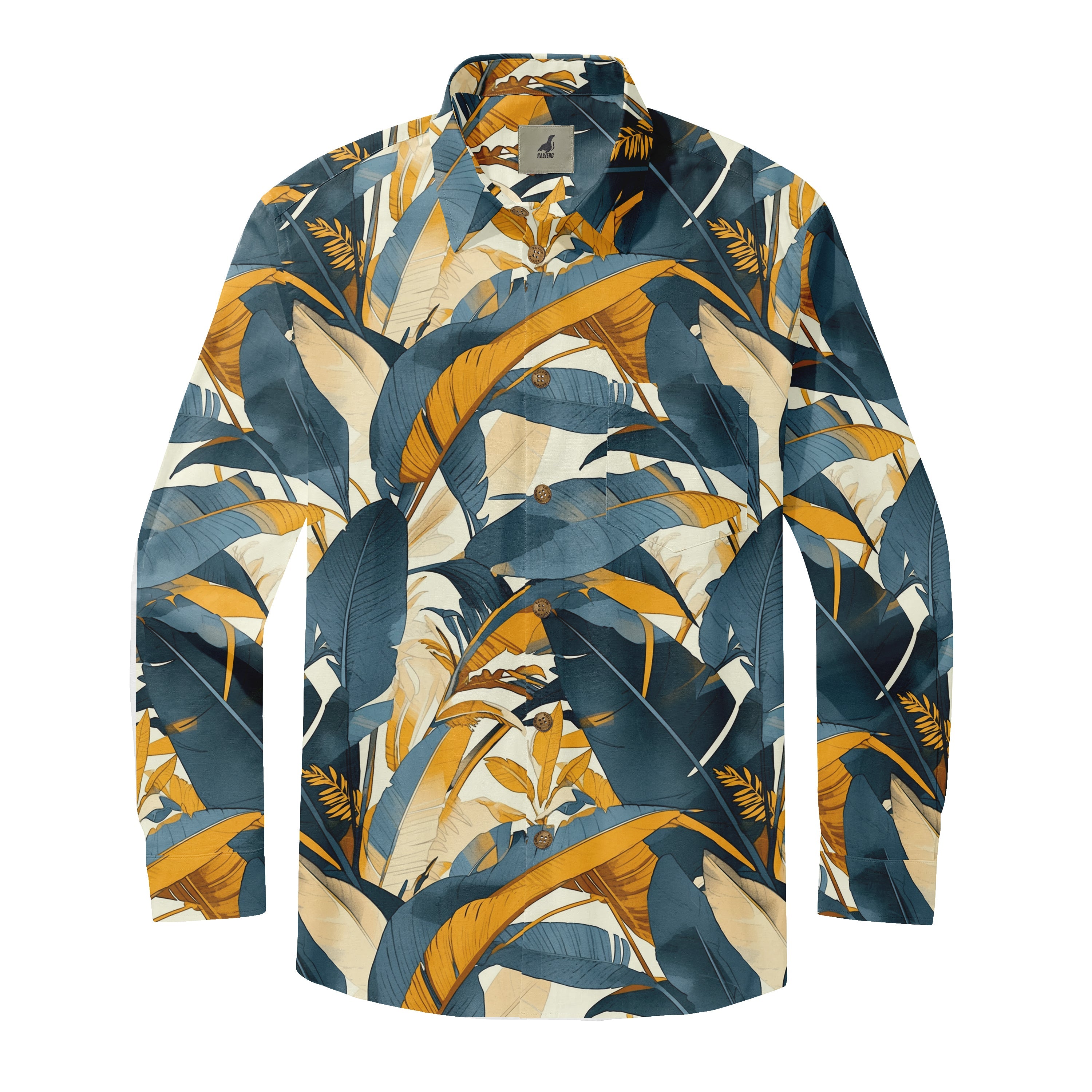 Blue and yellow tropical leaf print long-sleeve shirt.