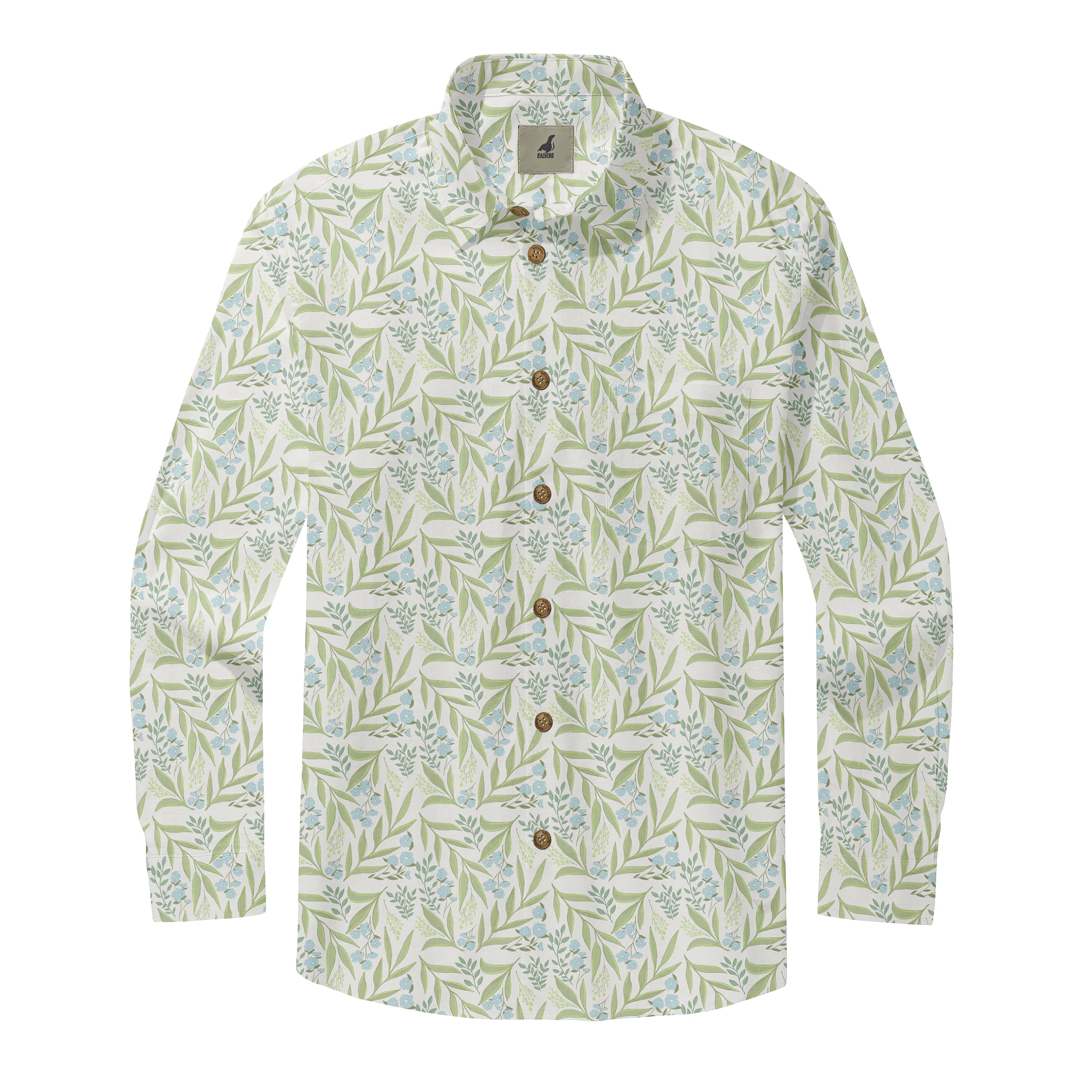 White Green Leaf and Blue Flower Long Sleeve Hawaiian Shirt