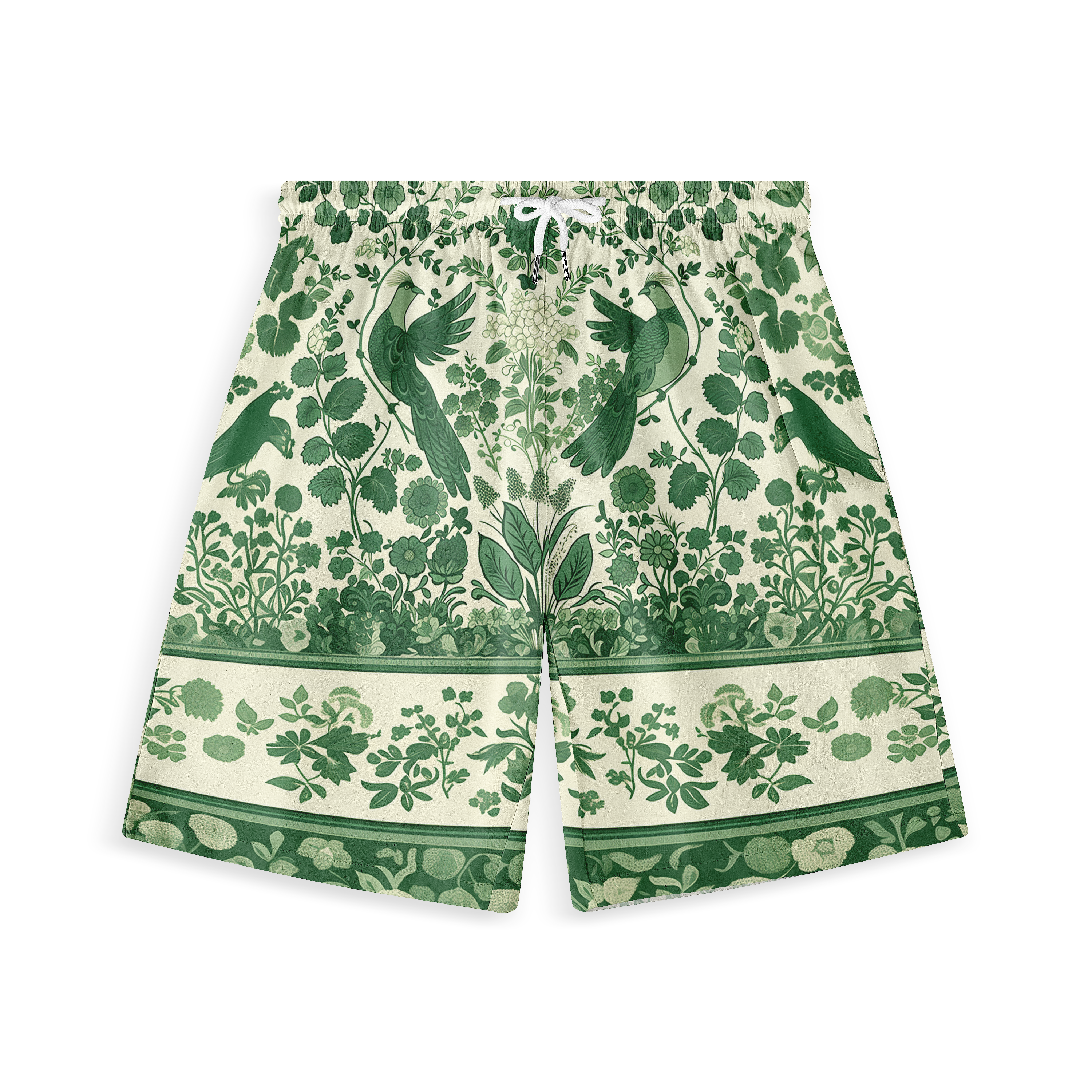 Green floral shorts with birds, cream background.