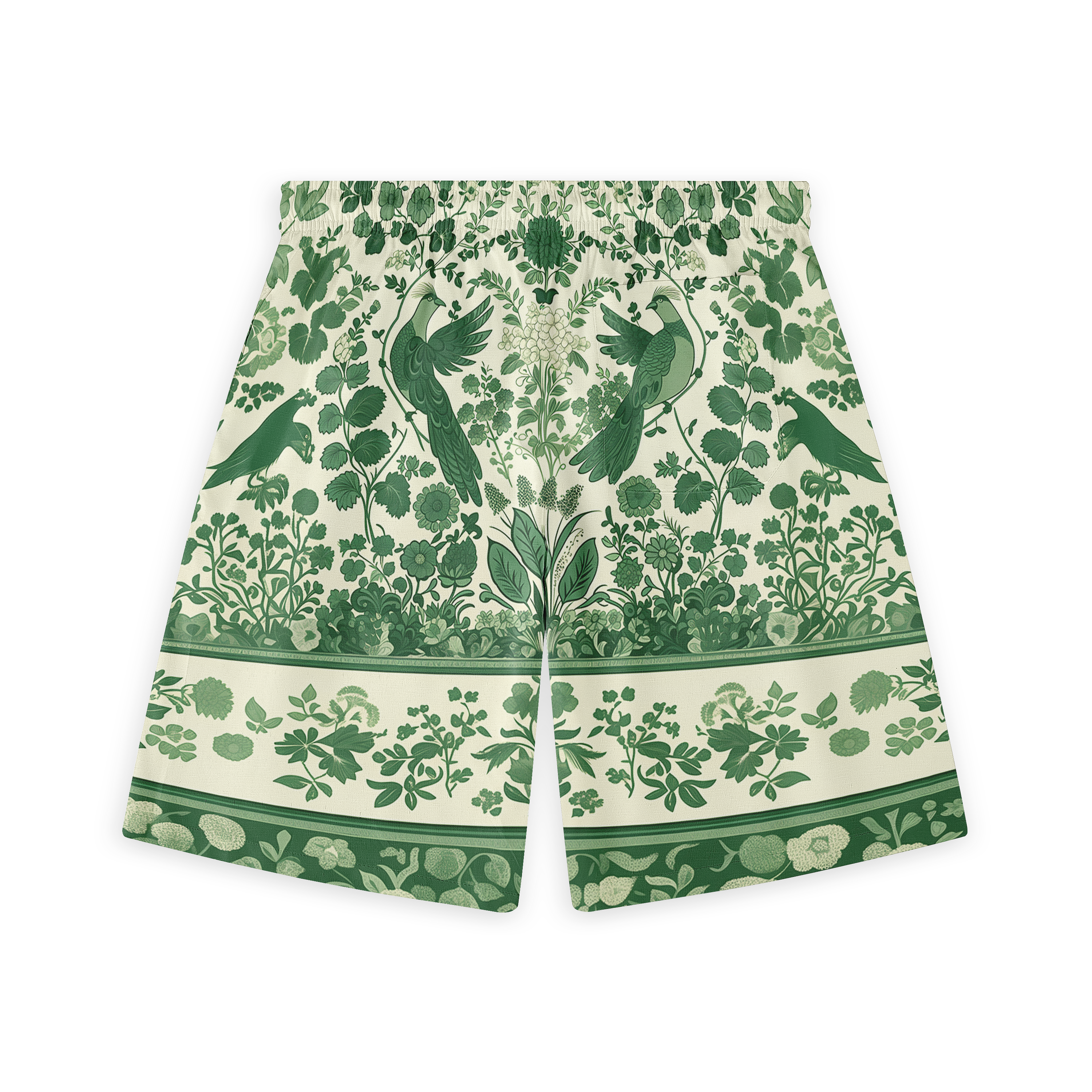 Green floral and bird patterned shorts with intricate botanical.