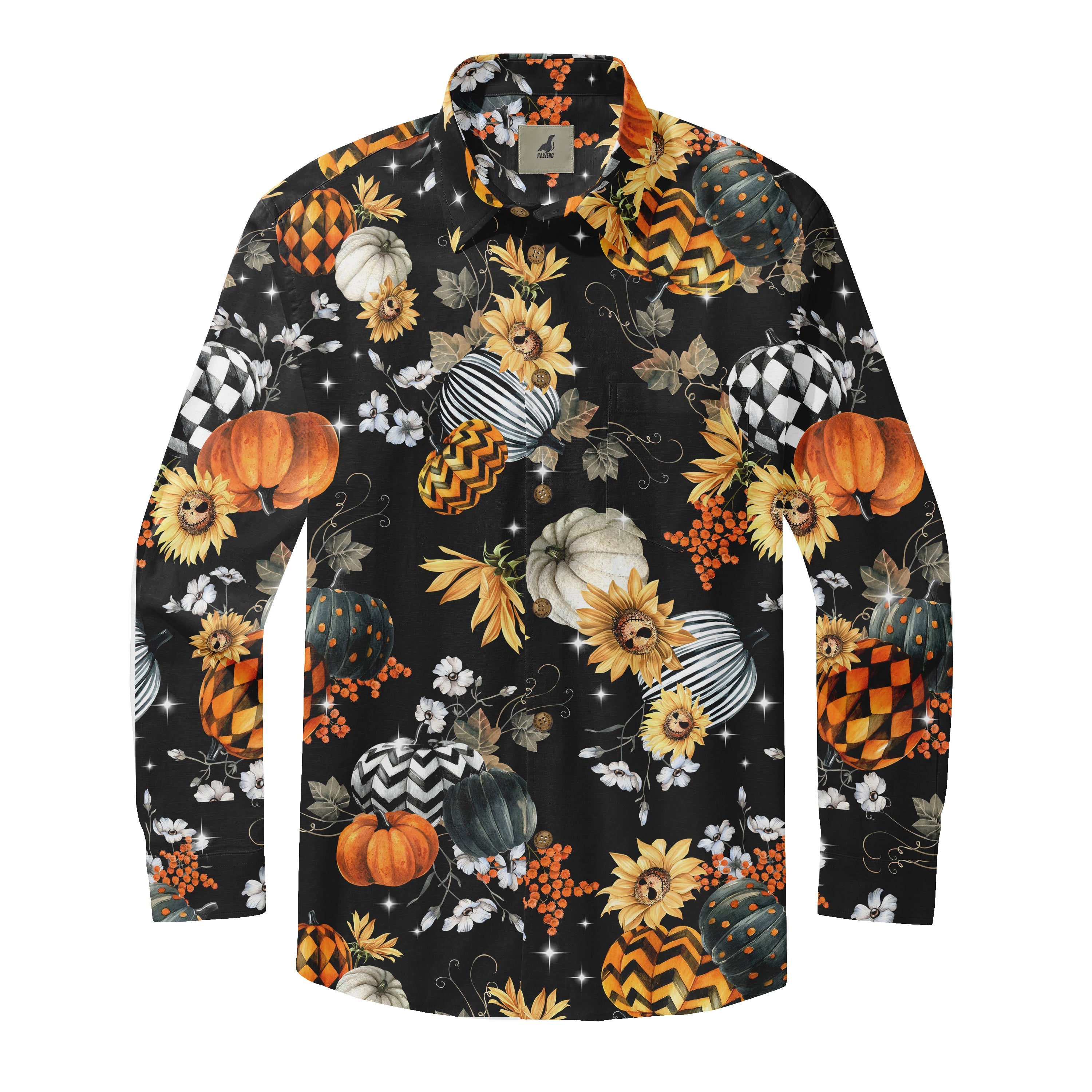 Black long-sleeve shirt with vibrant pumpkin, sunflower.