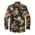 Black long-sleeve shirt with vibrant pumpkin, sunflower.