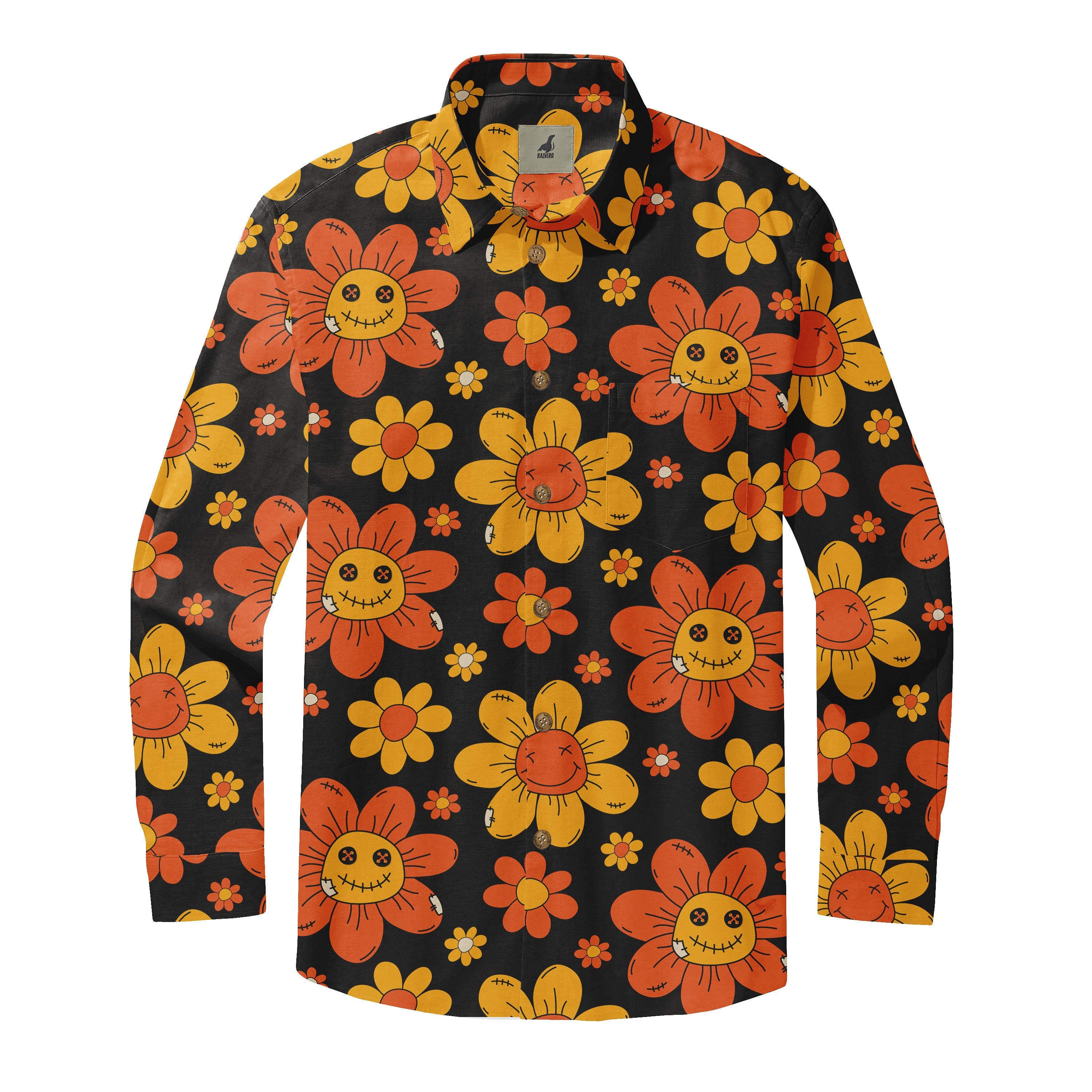 Black shirt with orange and yellow smiling flower pattern, featuring.