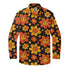 Black shirt with orange and yellow smiling flower pattern, featuring.