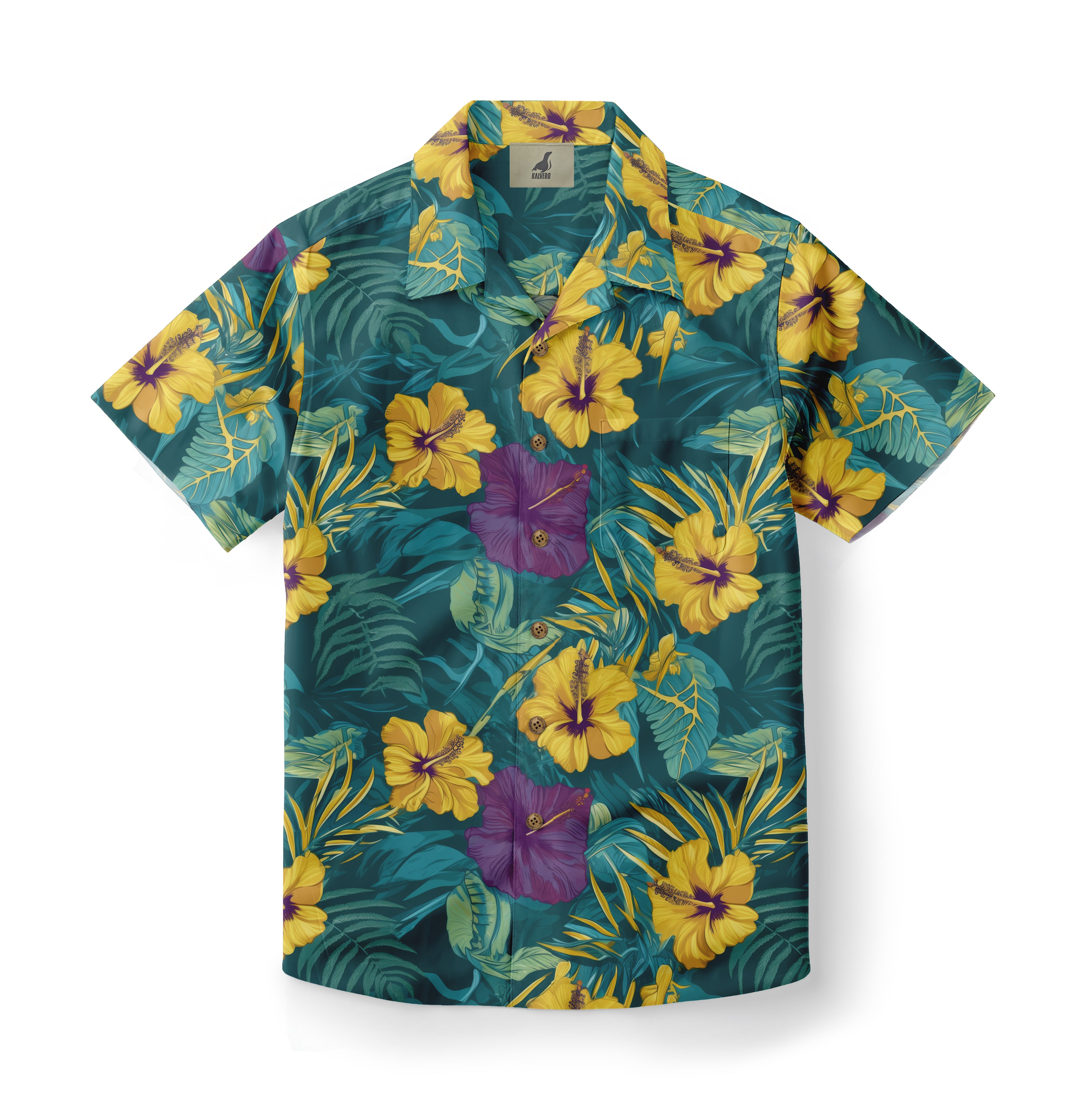 Vibrant tropical shirt with yellow and purple hibiscus flowers.