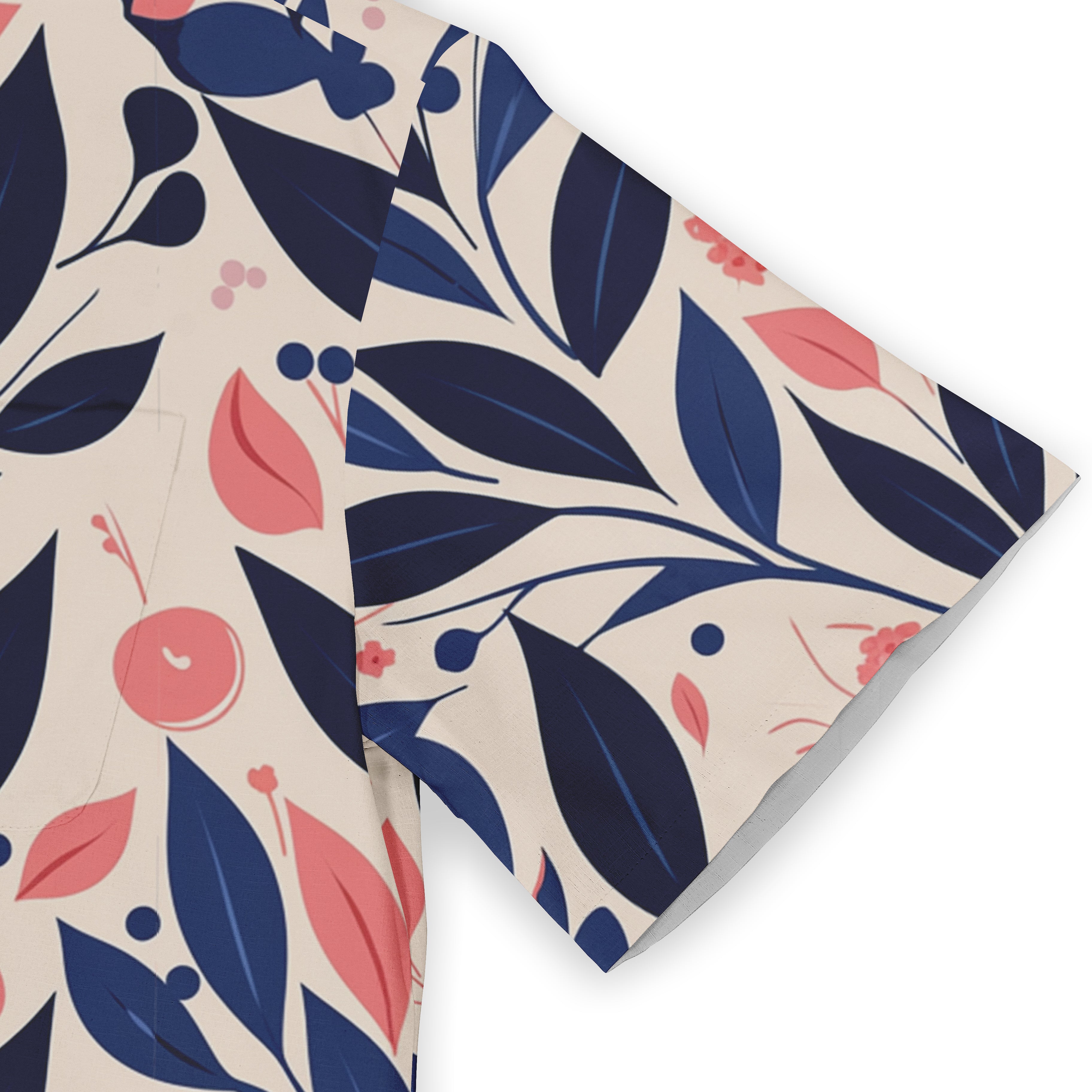Stylish floral patterned fabric with navy blue and coral leaves.