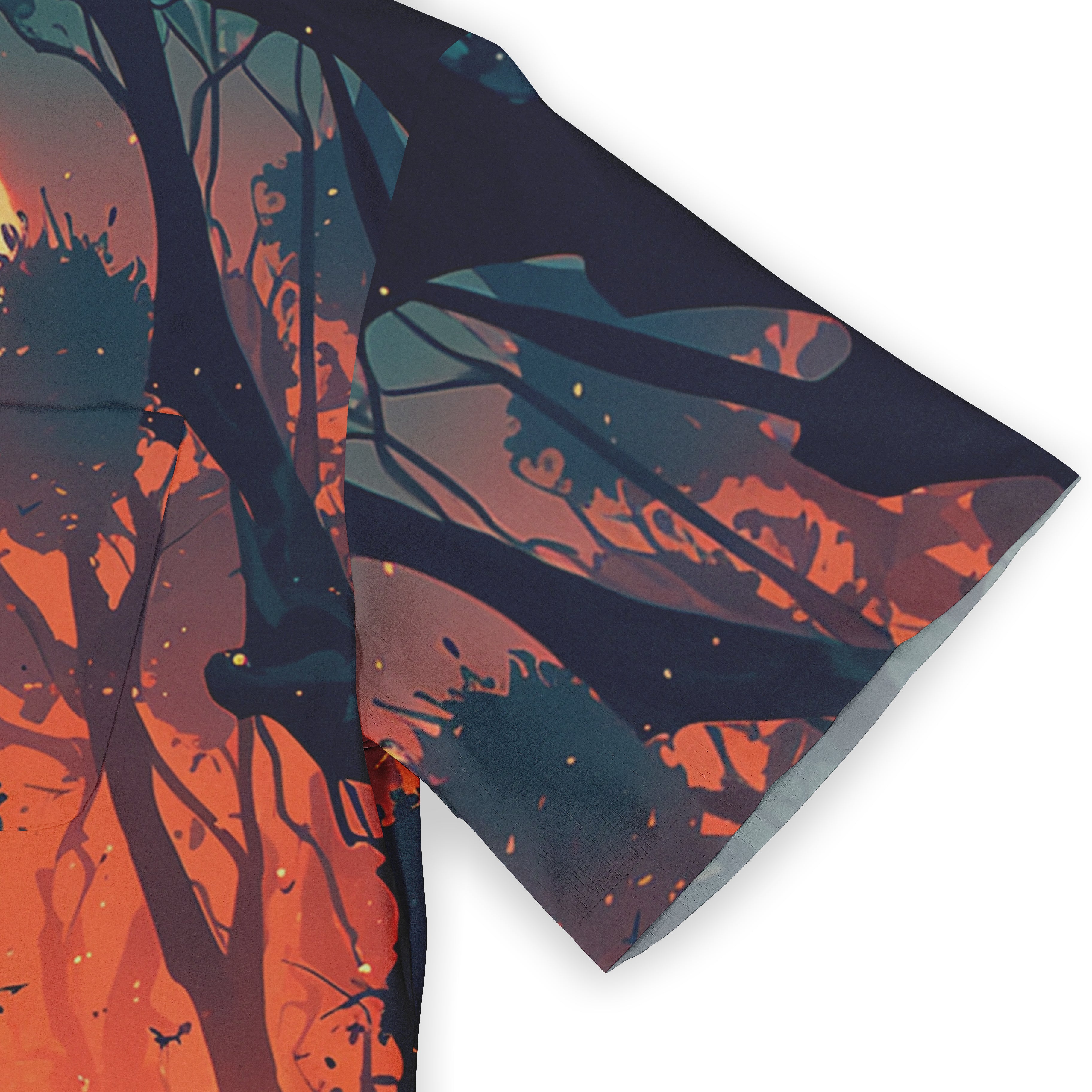 A vibrant scarf with a fiery forest design, featuring dark trees.