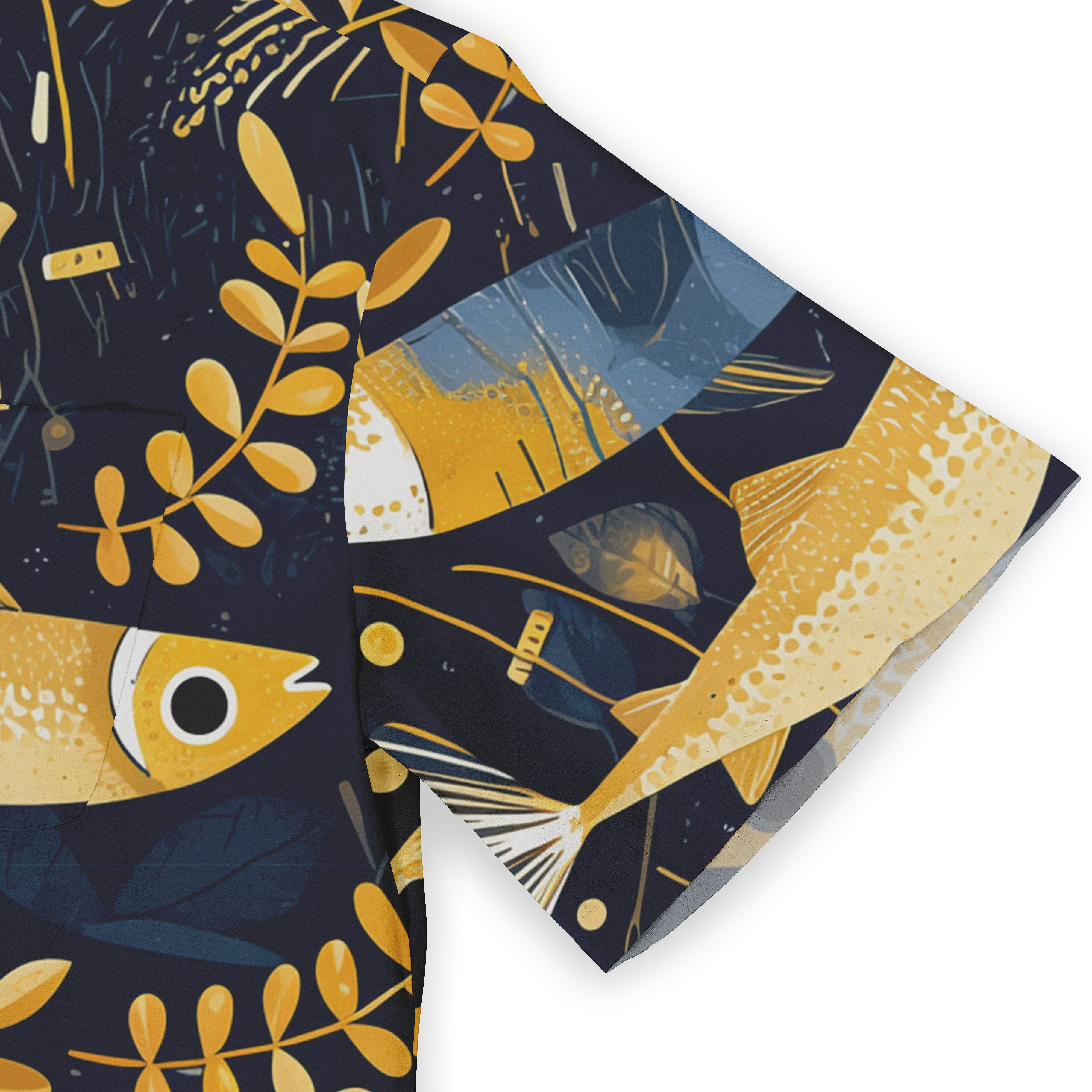 Dark blue fabric with yellow fish and leaf patterns.
