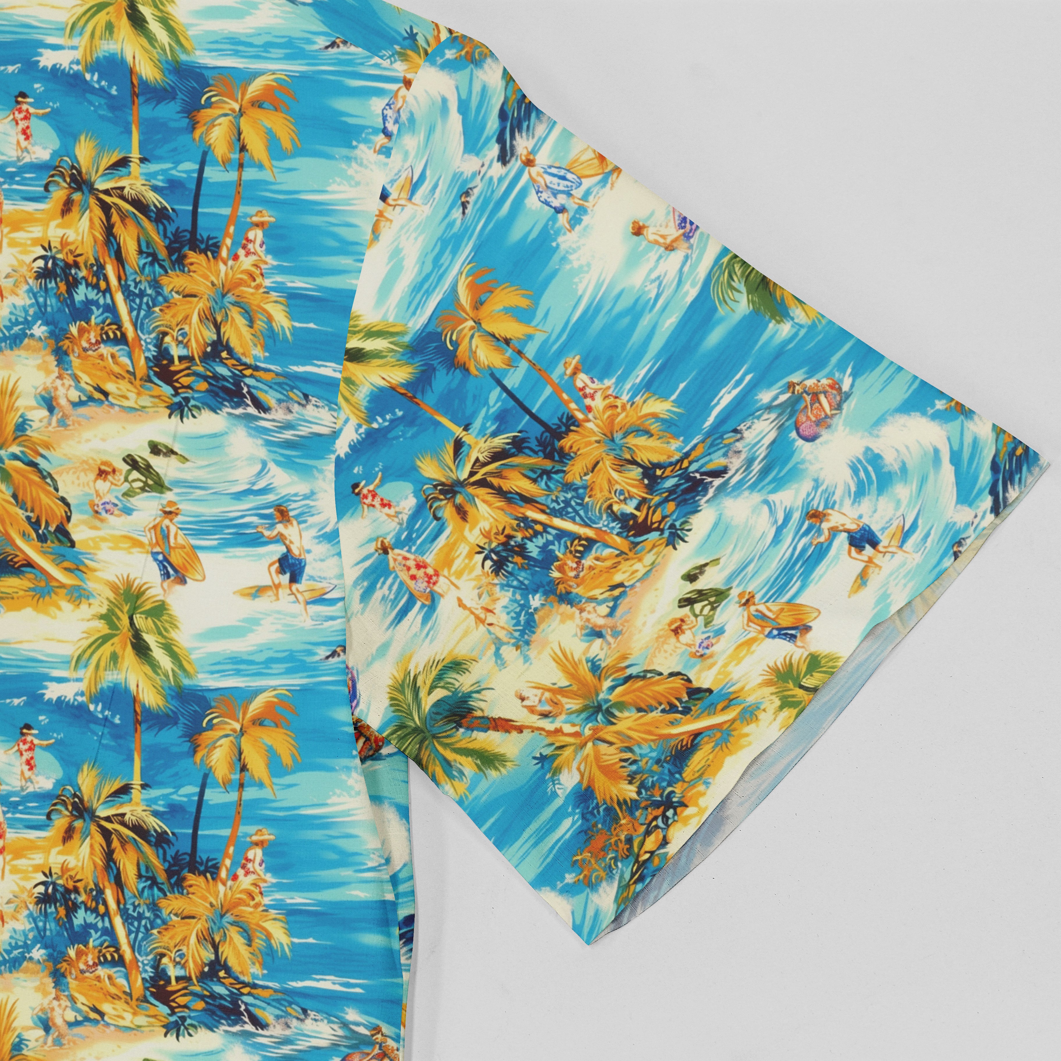 Vibrant tropical fabric with palm trees, surfers, and ocean waves.