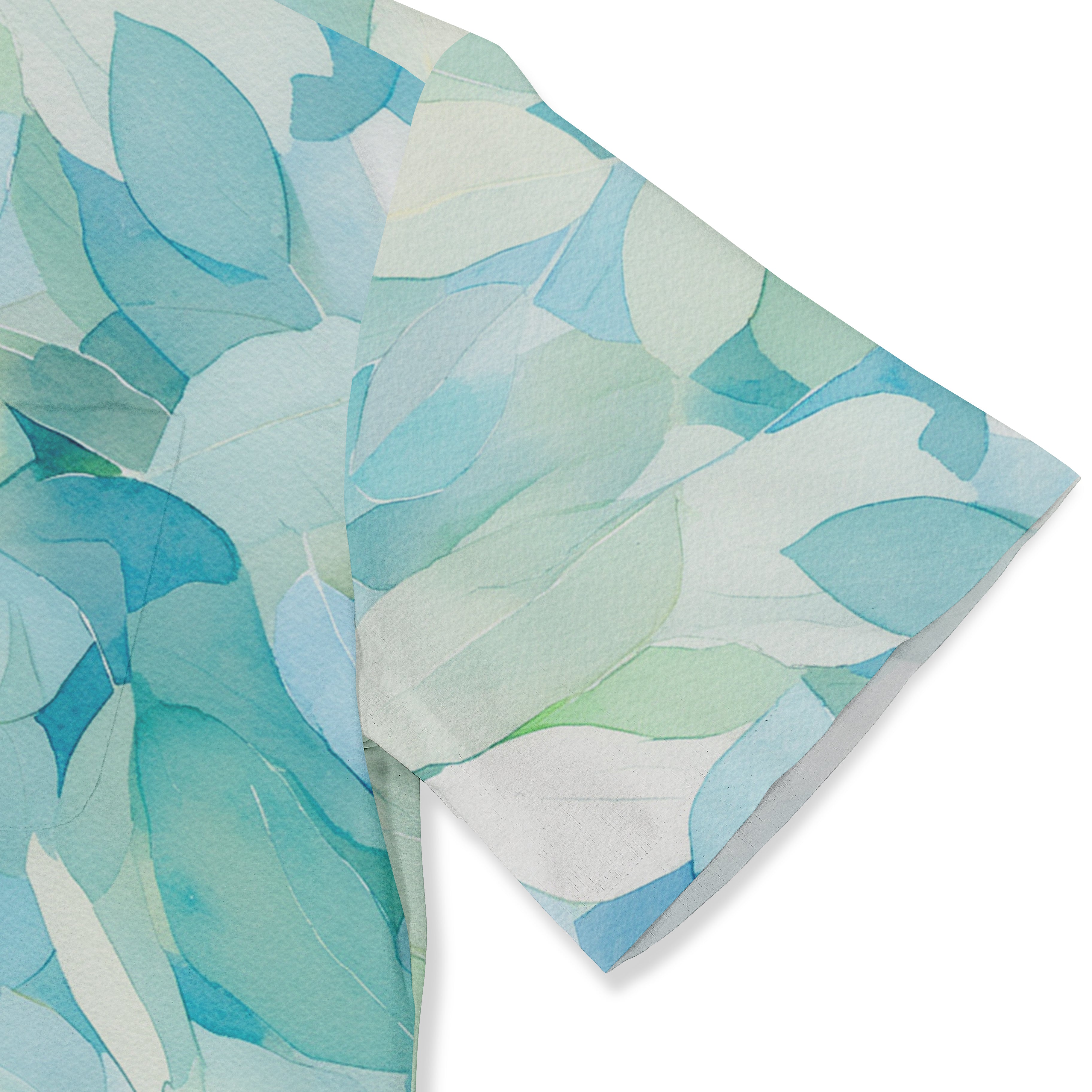 A watercolor-style leaf pattern in shades of blue and green.