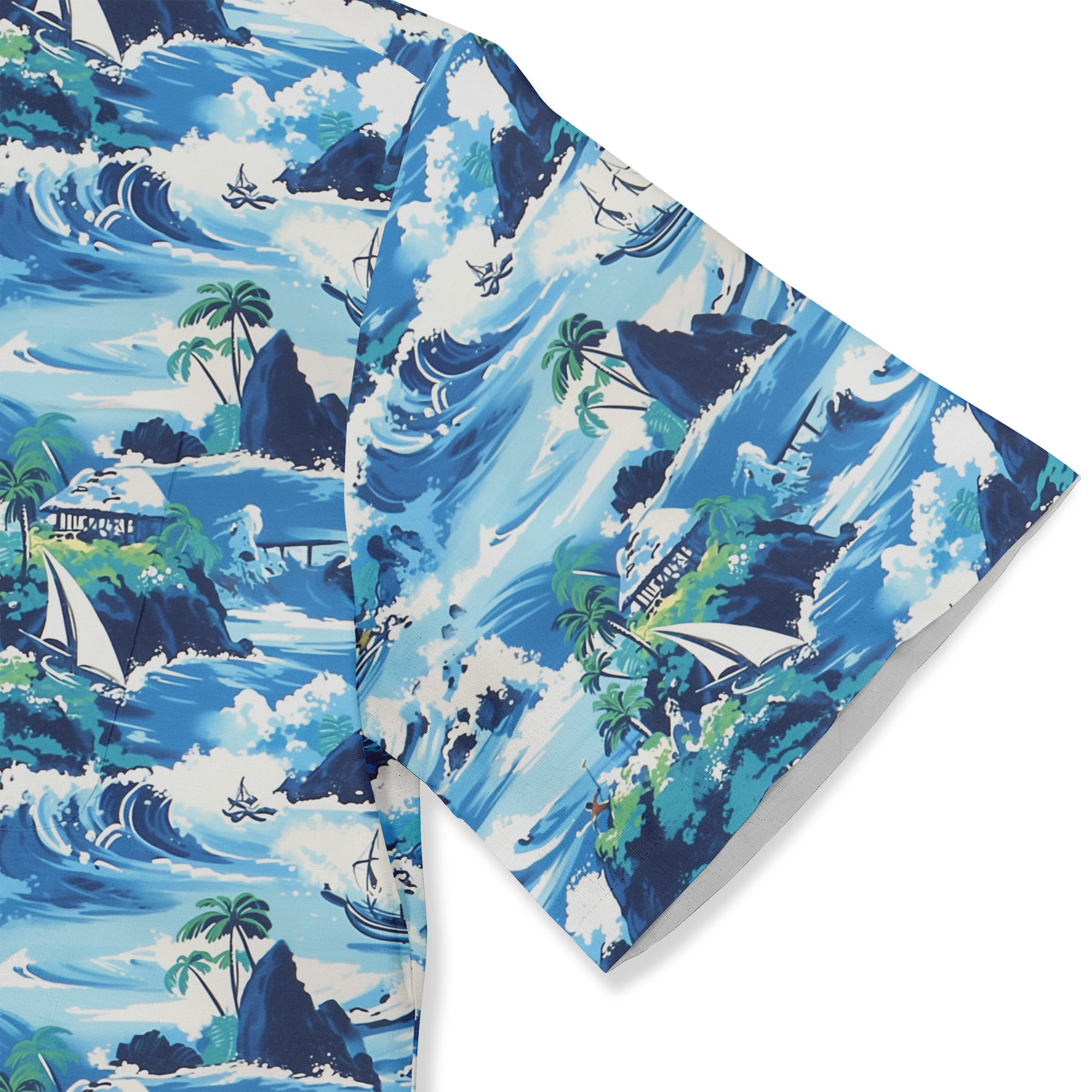 Vibrant blue and white tropical print fabric featuring waves, palm.