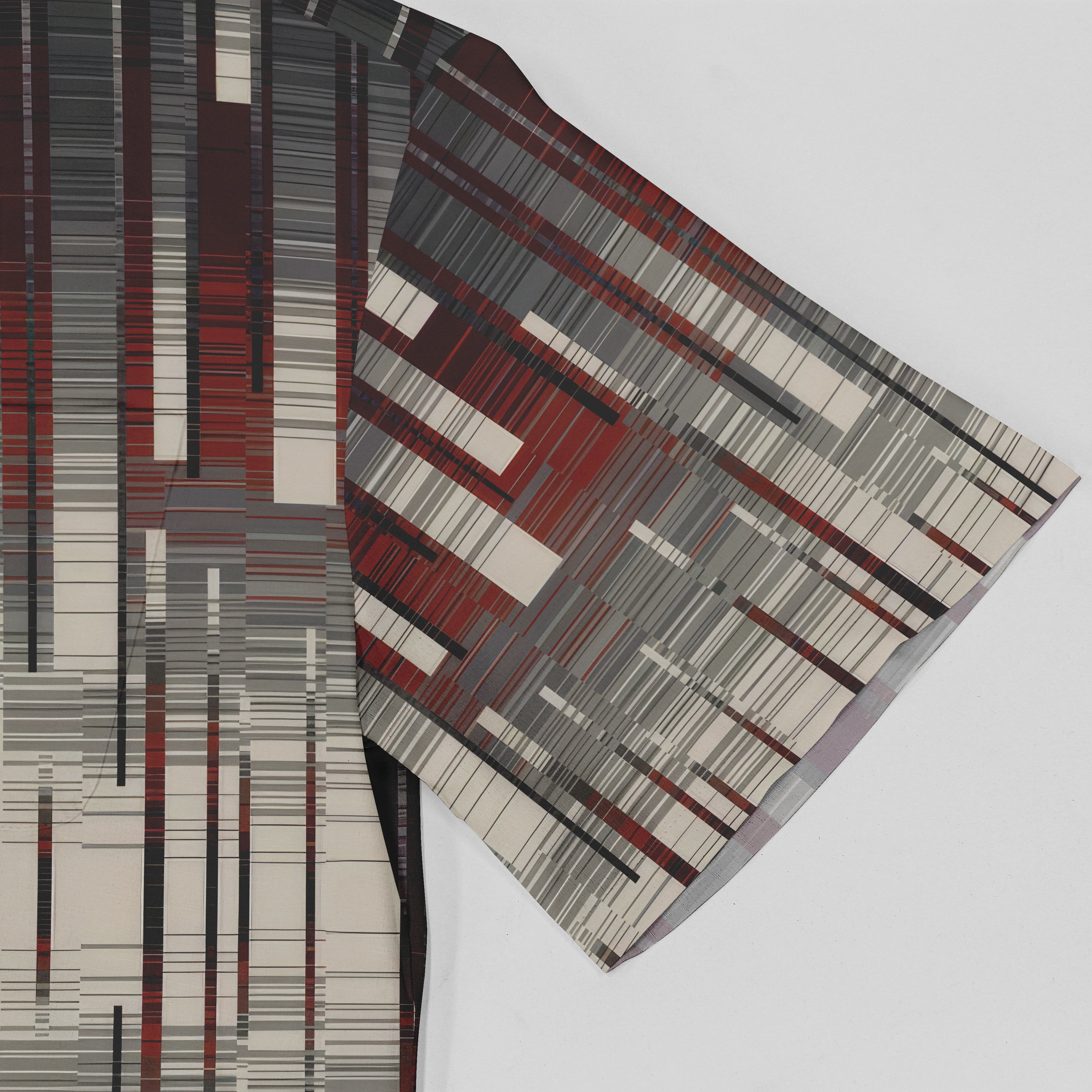 Abstract patterned fabric with red, gray, and white stripes.