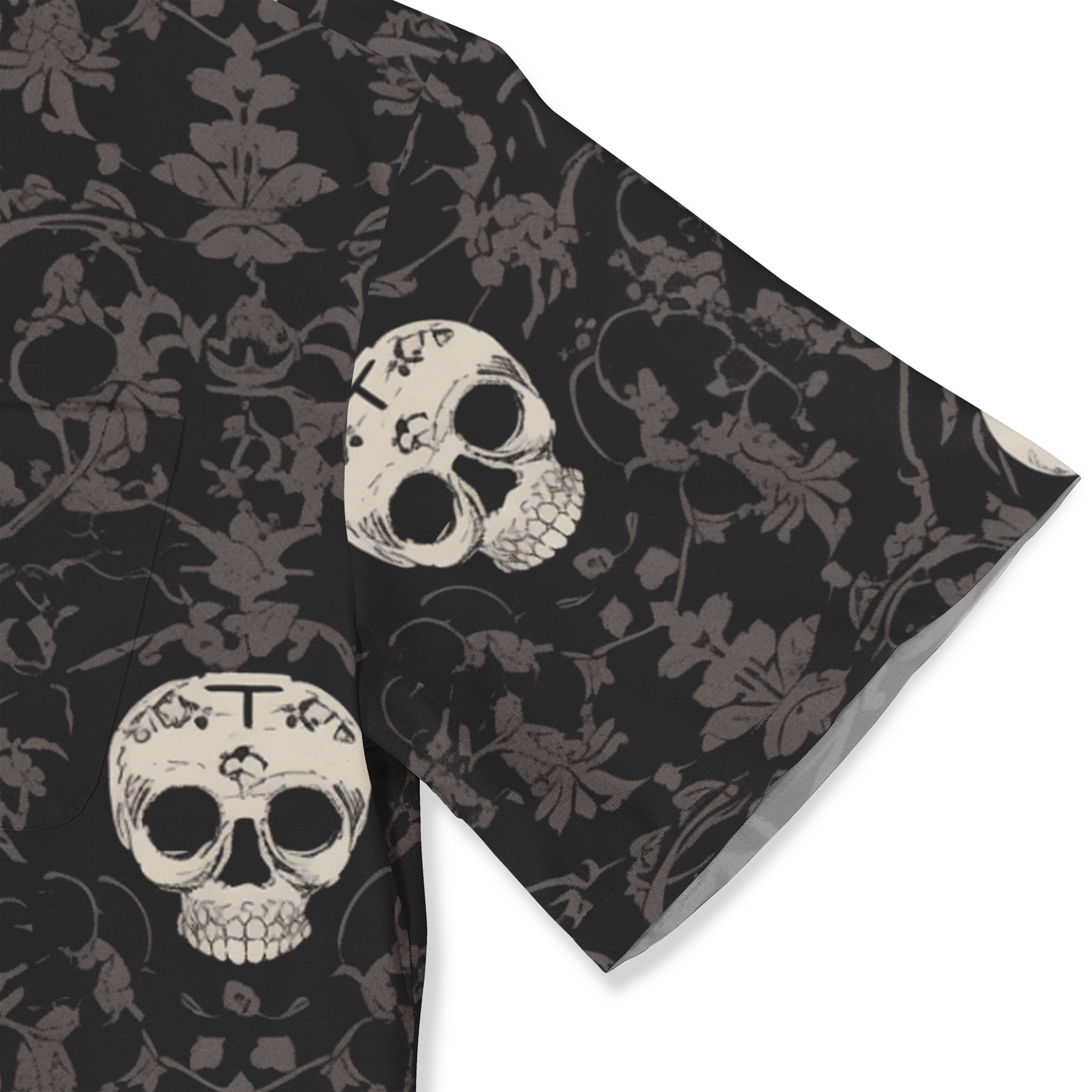 Black kimono with gray floral pattern and white skulls featuring.