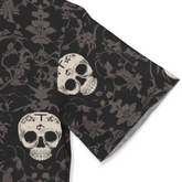 Black kimono with gray floral pattern and white skulls featuring.