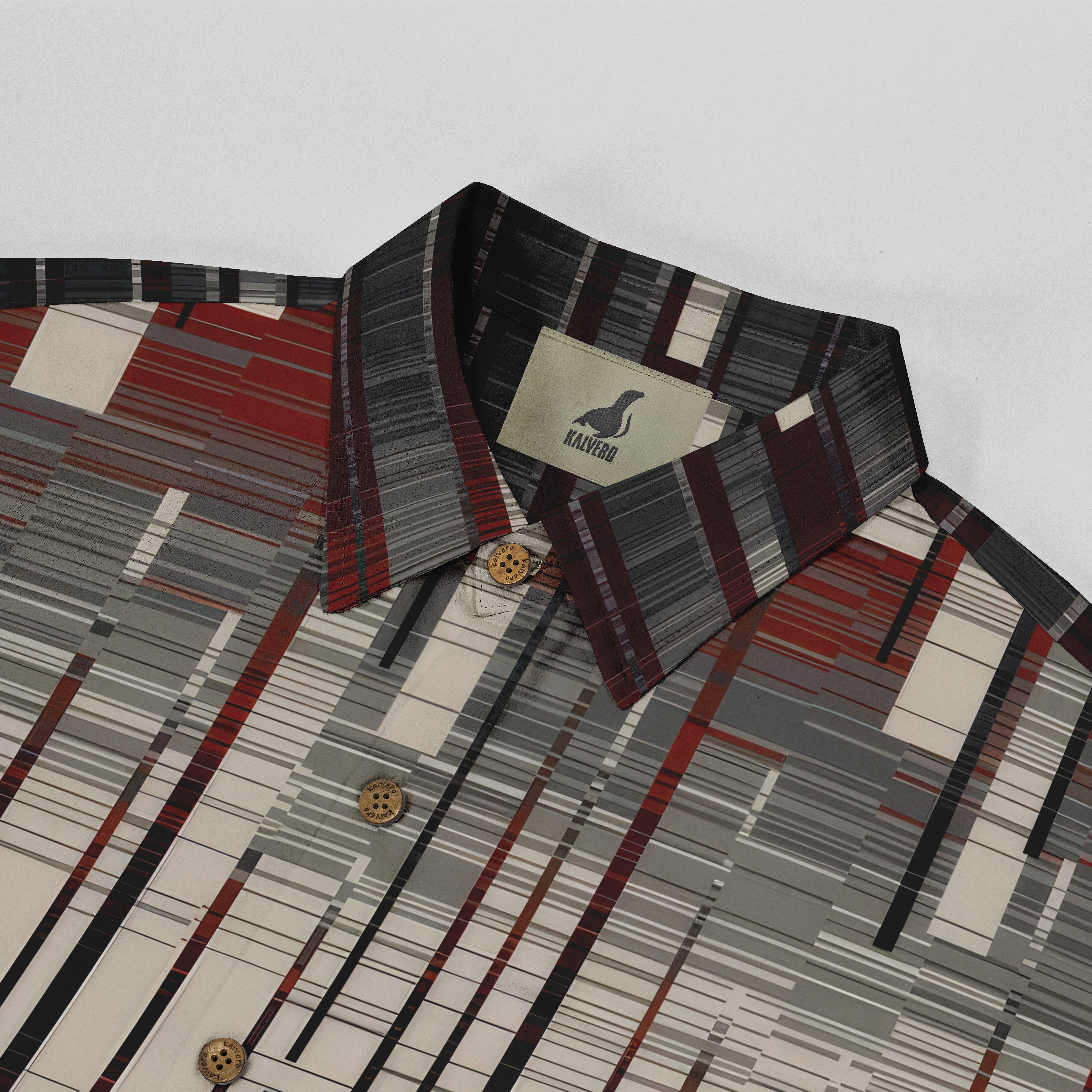 Plaid shirt with red, gray stripes. Collar tag reads "KALVERO."