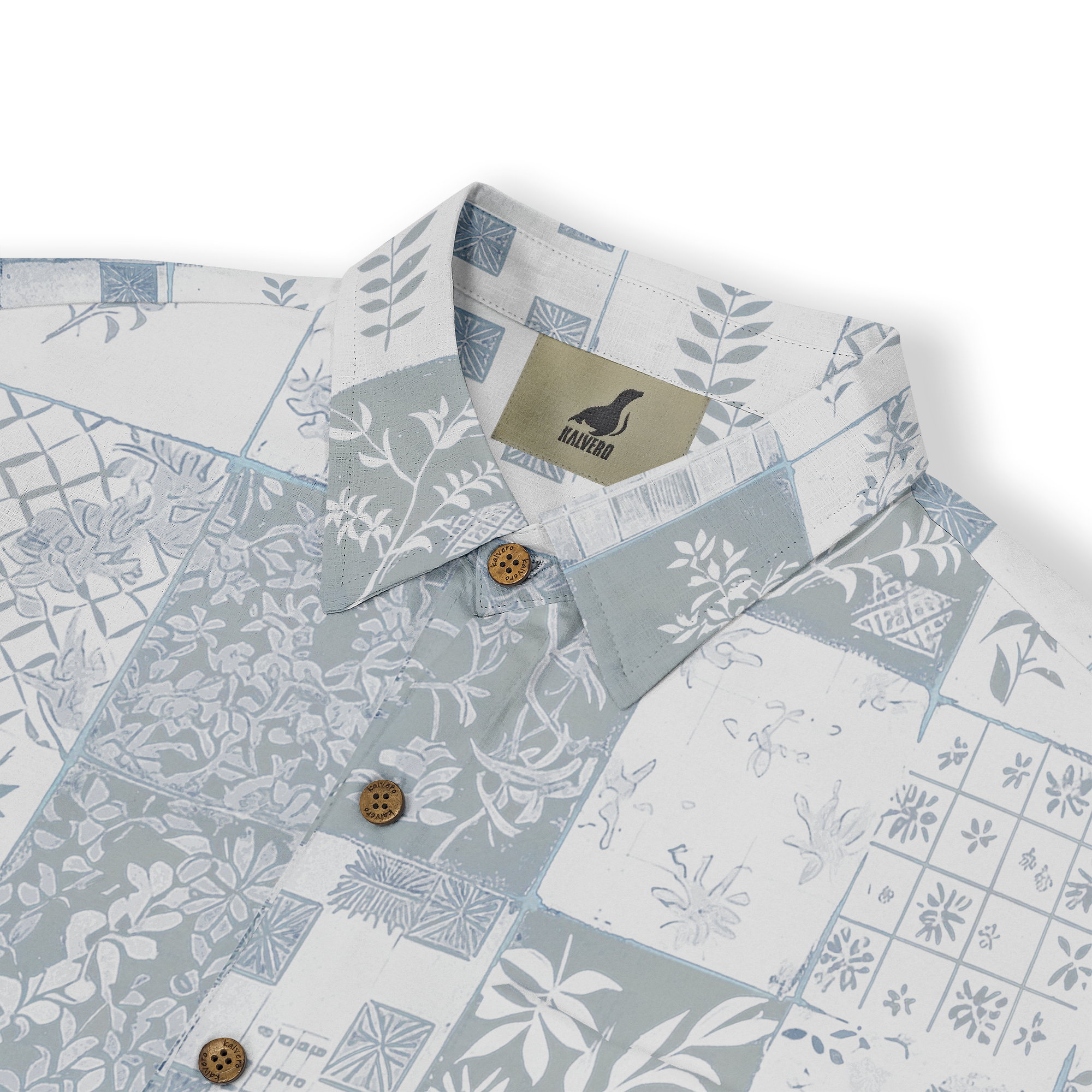 Light blue and white patterned shirt with floral designs, wooden.