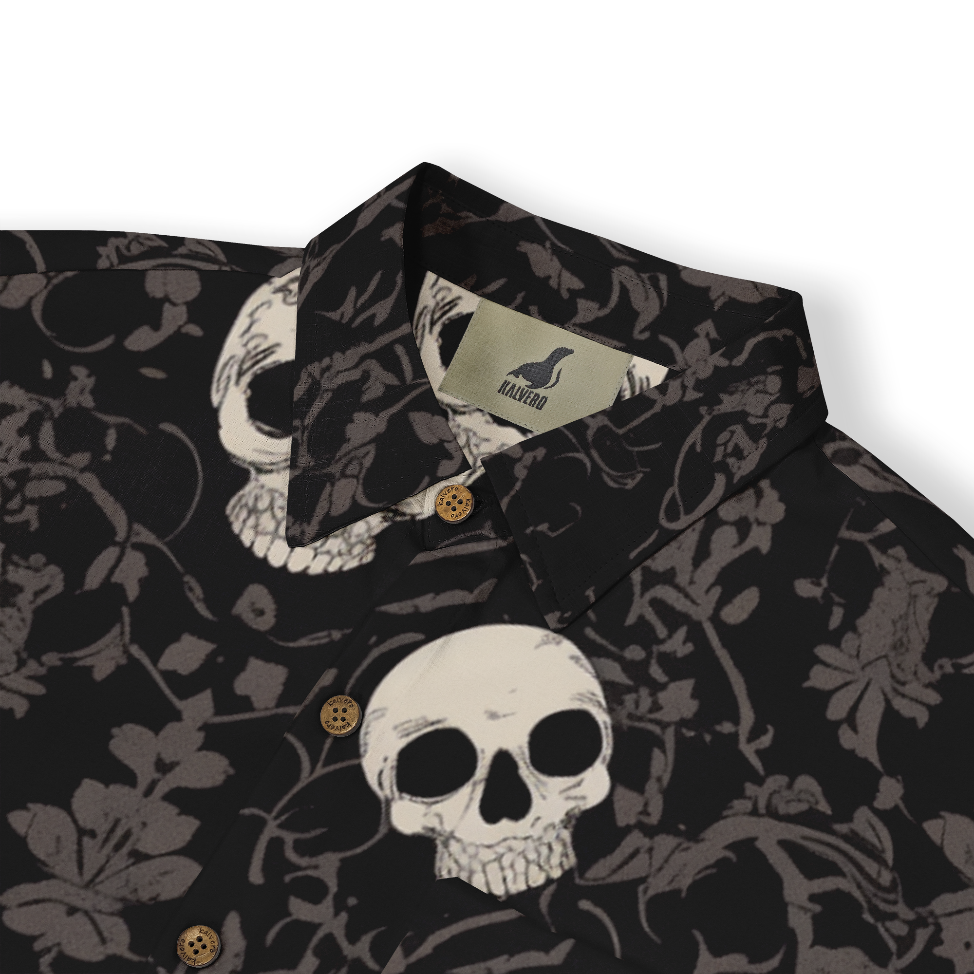 Black shirt with skull and floral pattern, featuring wooden buttons.