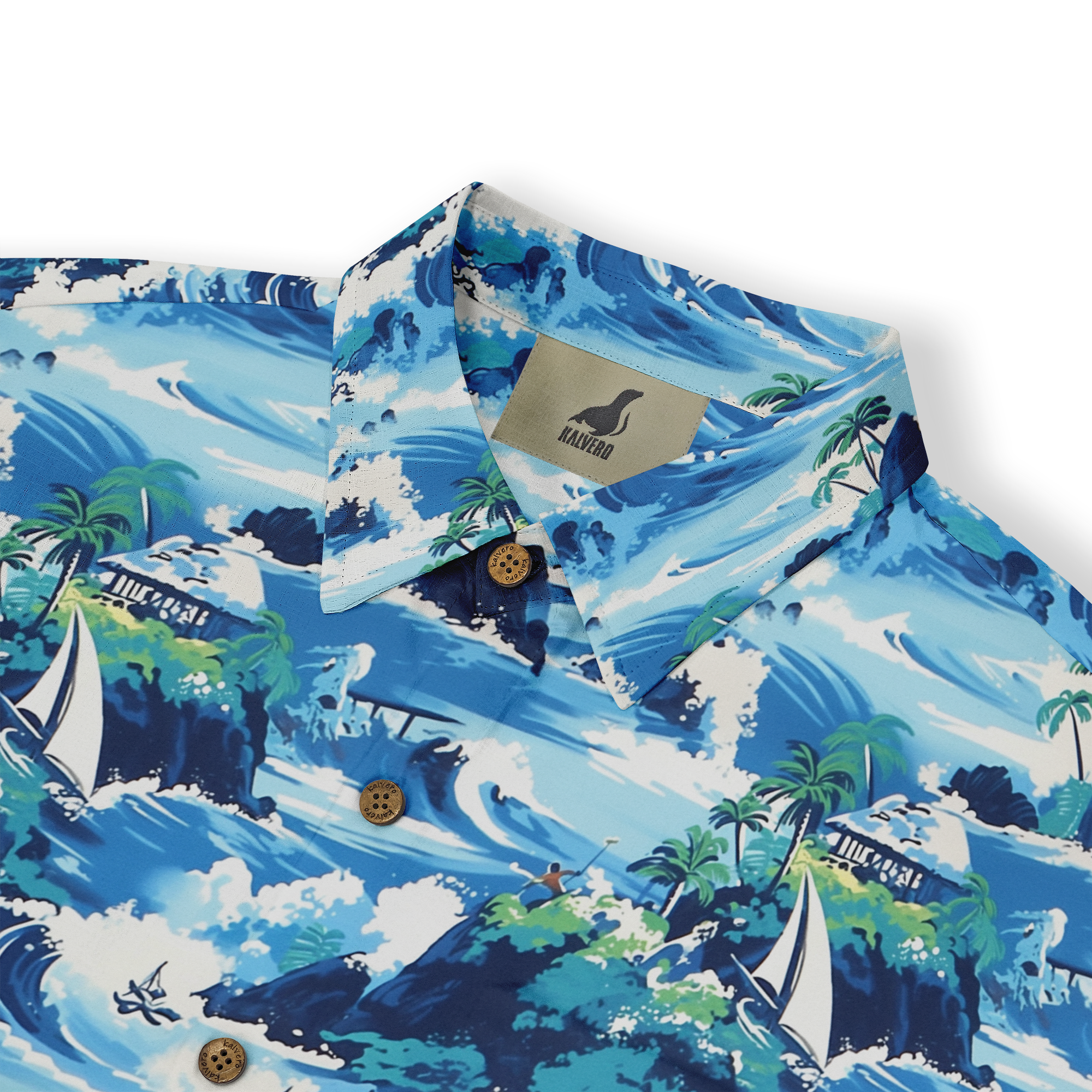 Vibrant blue Hawaiian shirt with tropical island, palm trees.