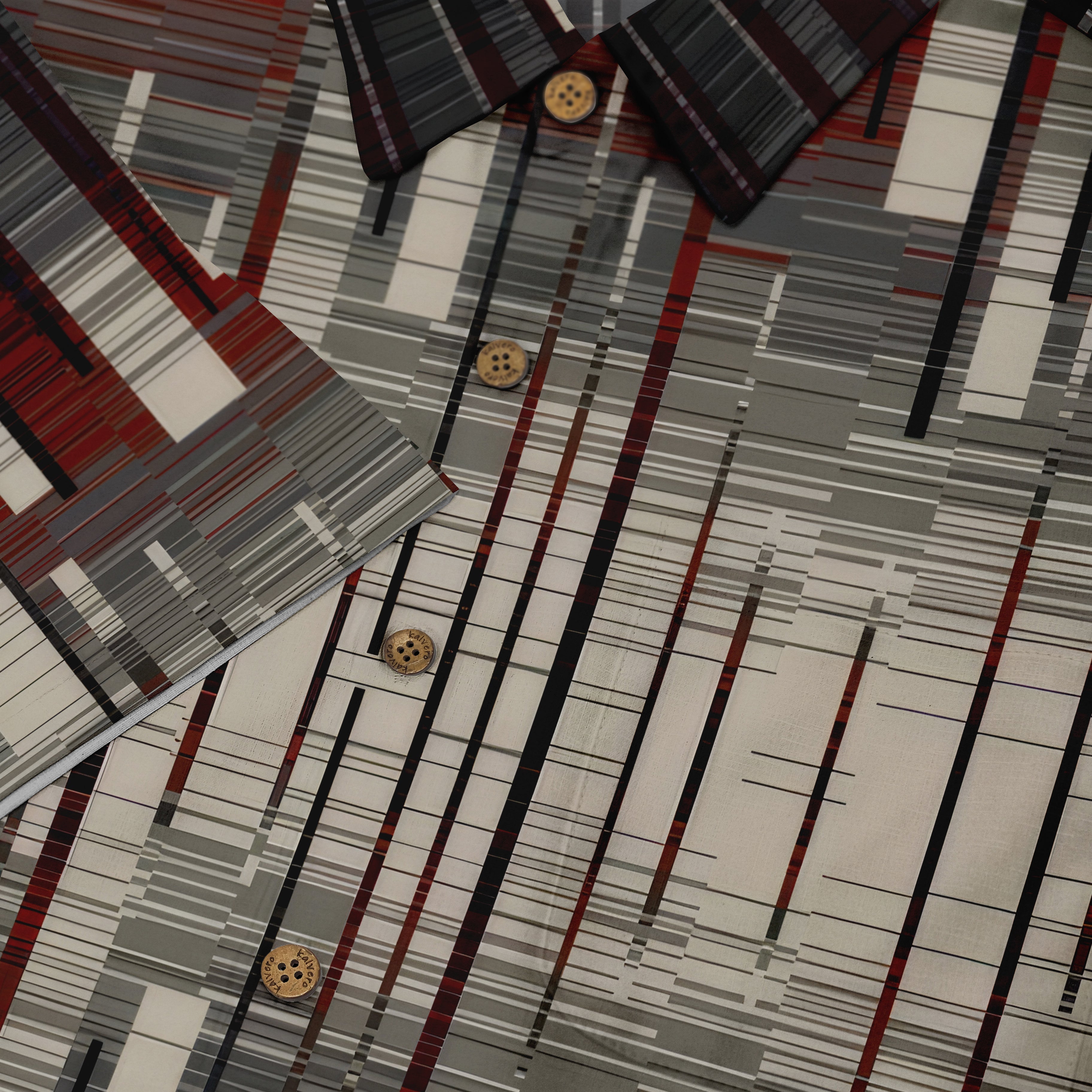 Plaid shirt with red, gray, and white pattern, featuring wooden.