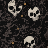 Black shirt with white skulls and gray floral pattern, featuring.