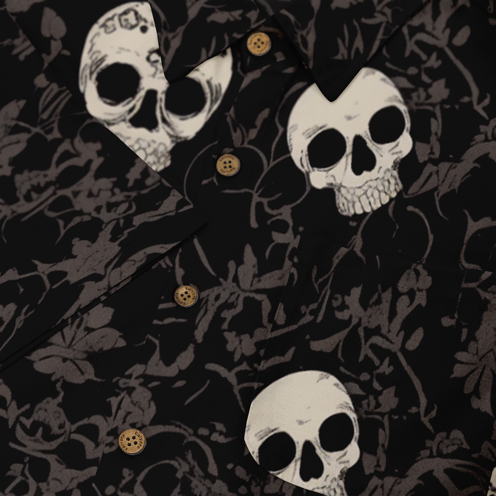 Black shirt with white skulls and gray floral pattern, featuring.