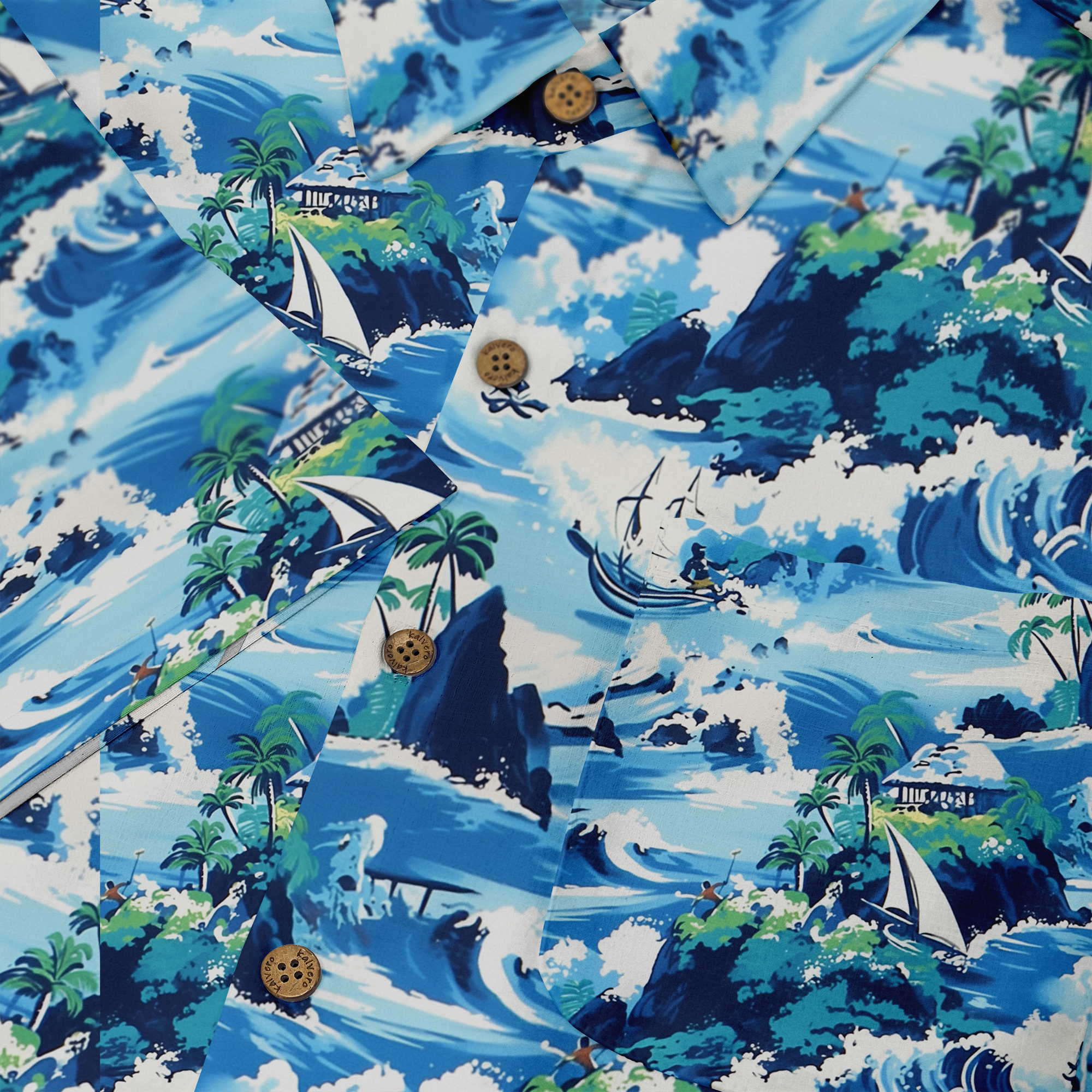 Hawaiian shirt with ocean waves, palm trees, and sailboats design.