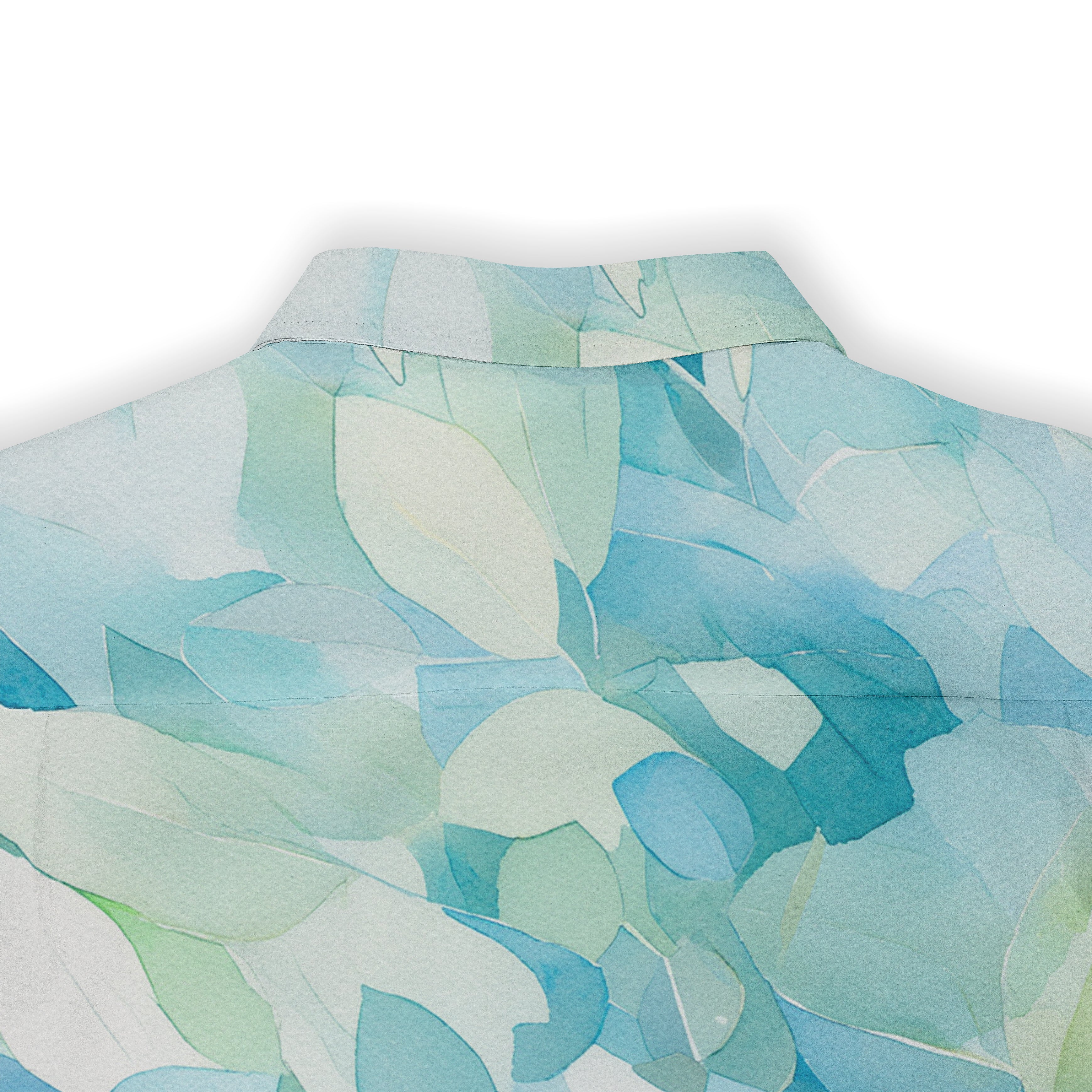 Light blue and green leaf-patterned shirt with a collar, featuring.