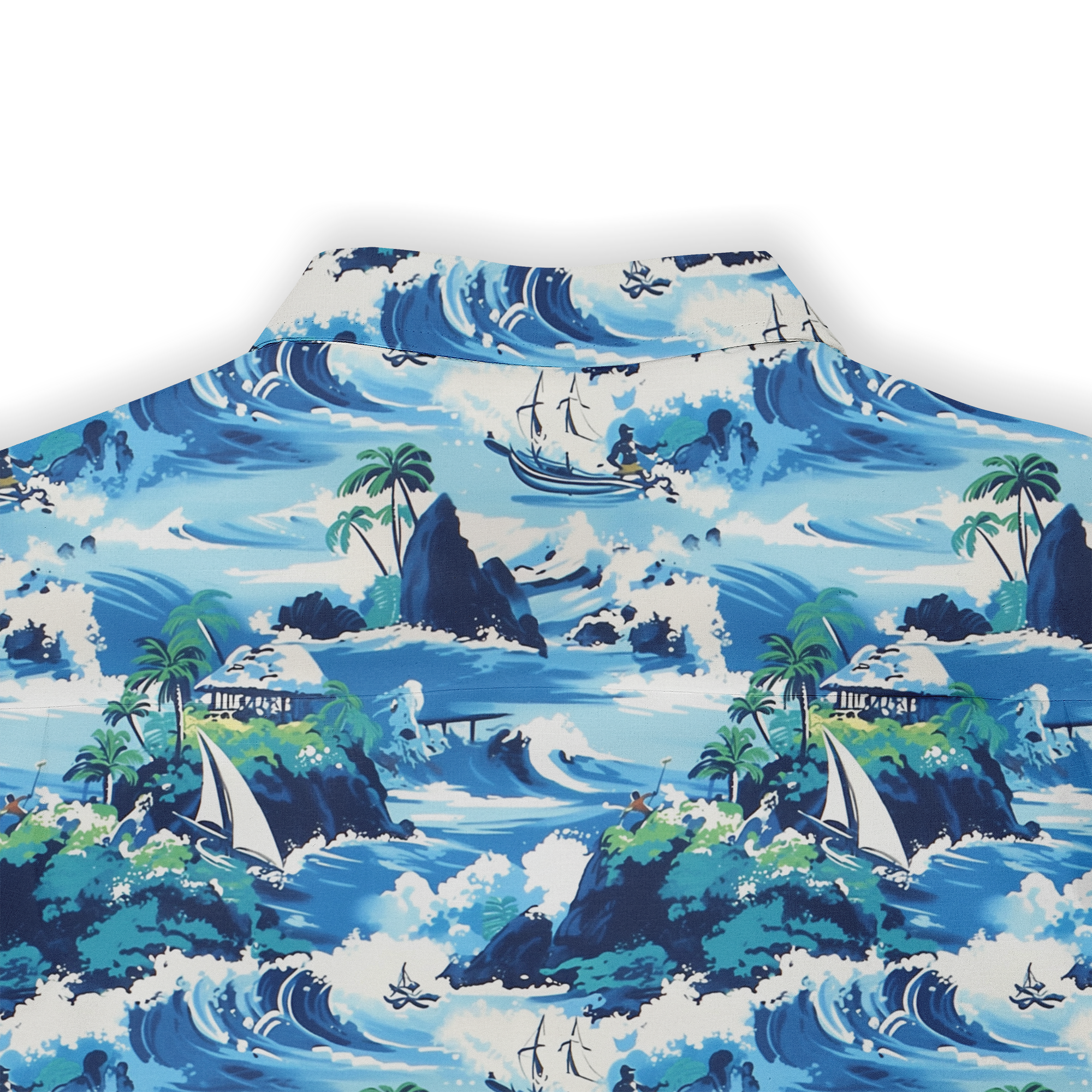 Vibrant blue Hawaiian shirt with tropical islands, waves, sailboats.