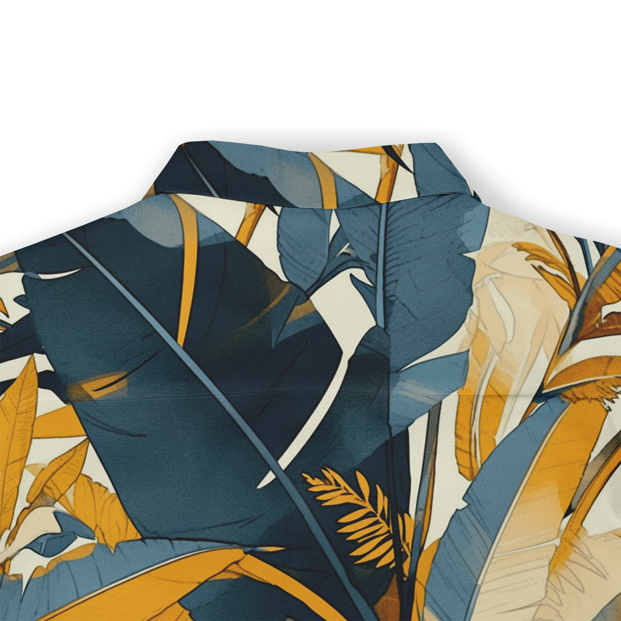 Tropical leaf pattern shirt in navy, mustard, and cream colors.