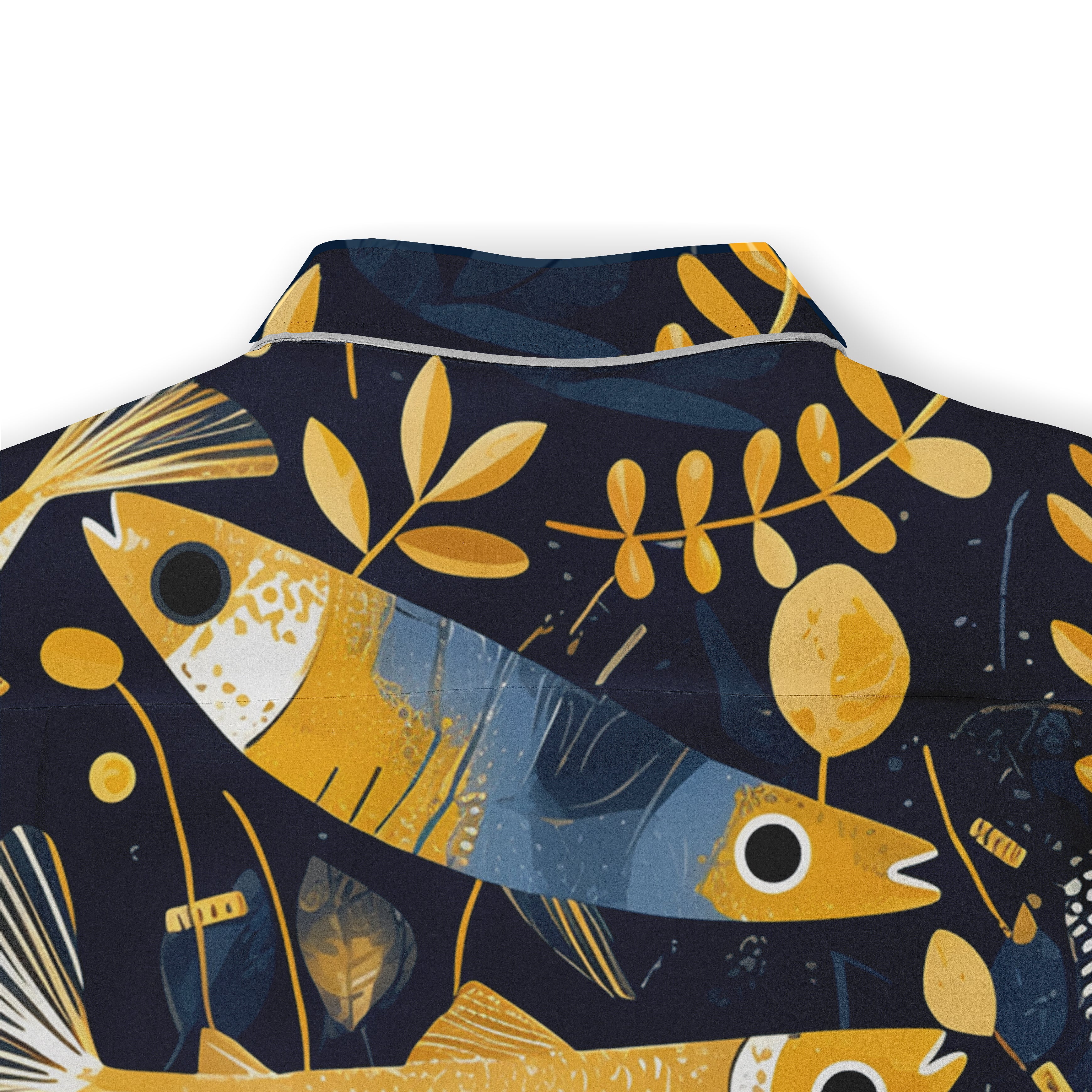 A navy blue shirt with a vibrant pattern of yellow and blue fish.