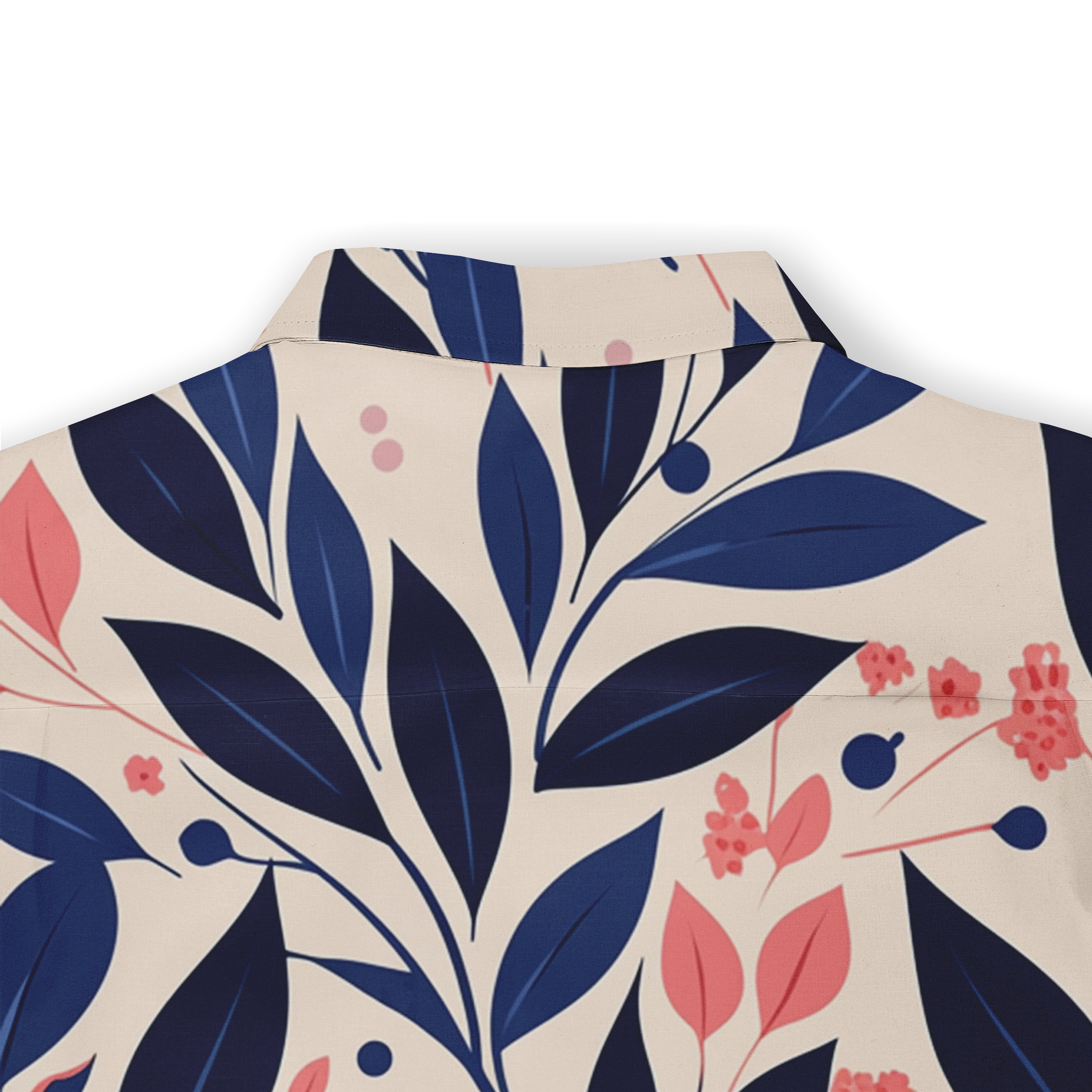Cream shirt with navy blue leaves, pink flowers, and berries.