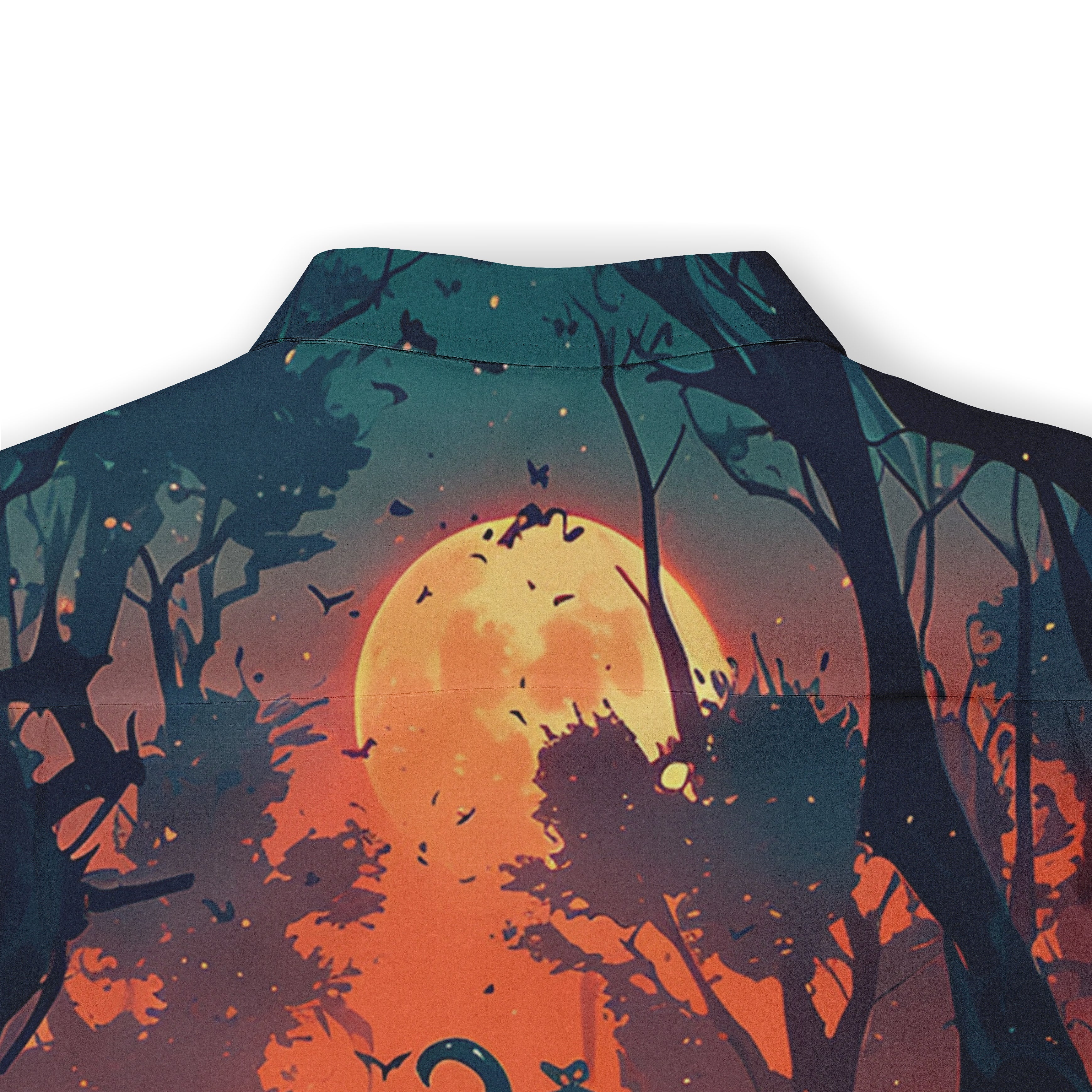 A shirt with a vibrant forest scene at sunset, featuring a large.