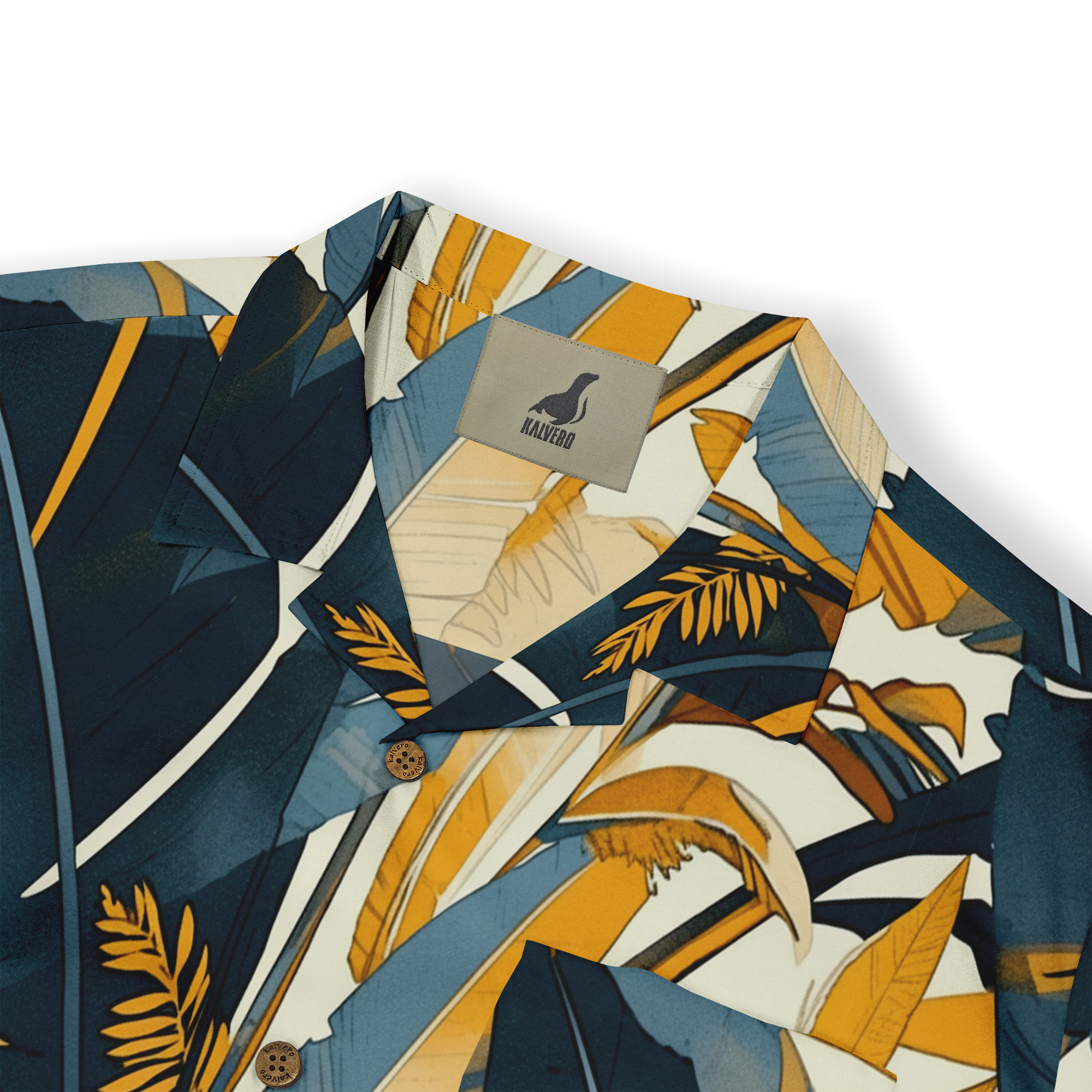 Tropical print shirt with navy, yellow, and white leaves.