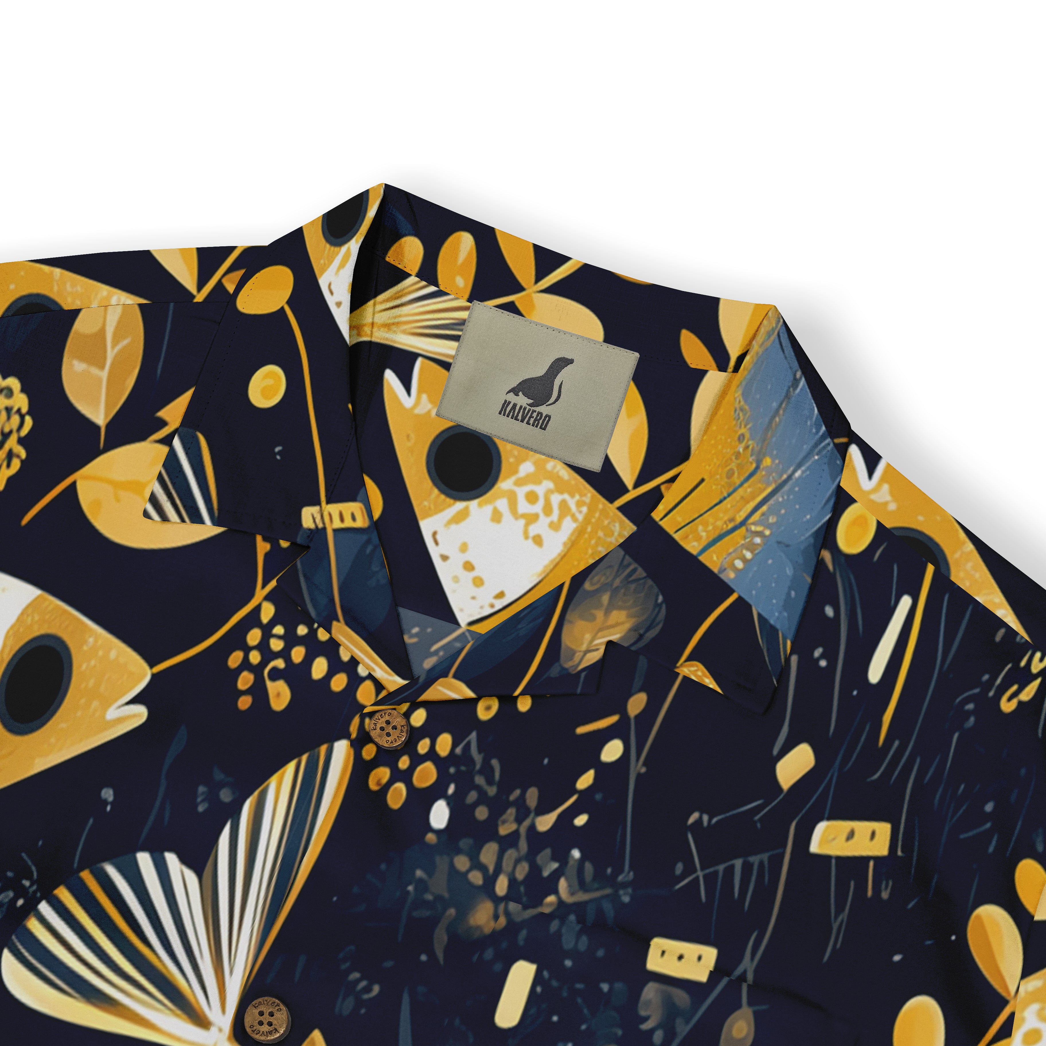 Vibrant navy blue shirt with yellow floral and fish patterns.