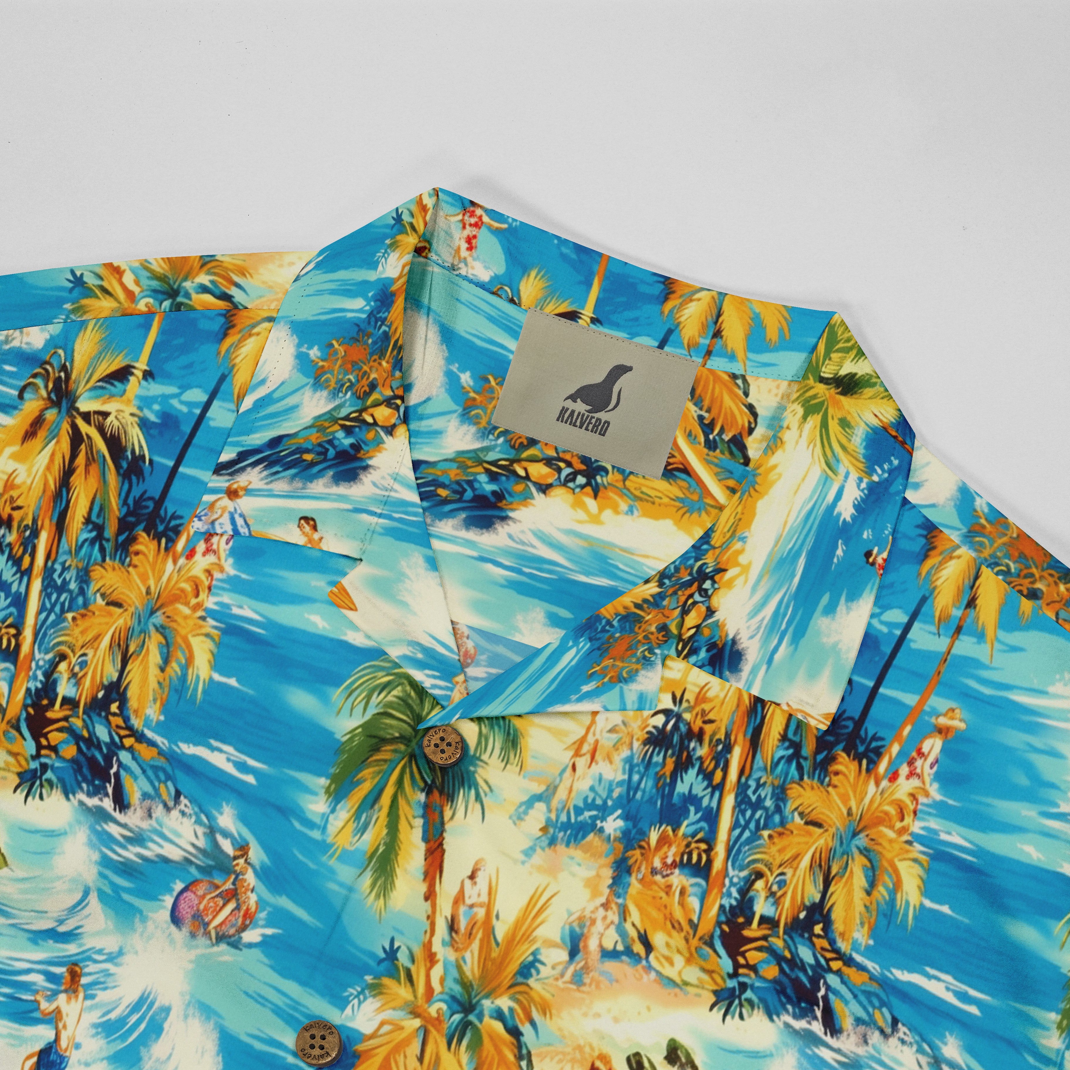 Vibrant tropical shirt with palm trees, surfers, and ocean waves.
