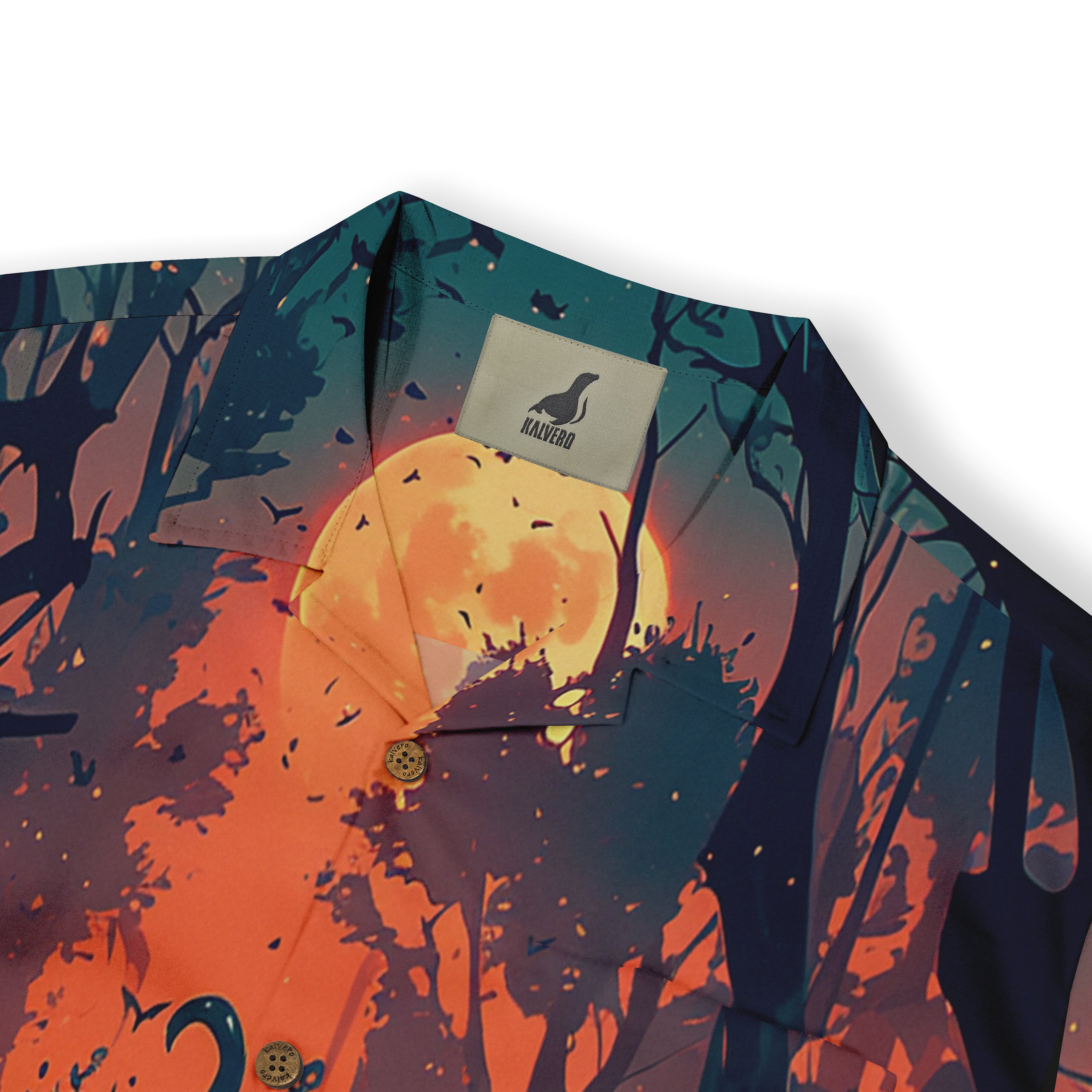 Vibrant shirt with moonlit forest print, featuring a Halvbro label.